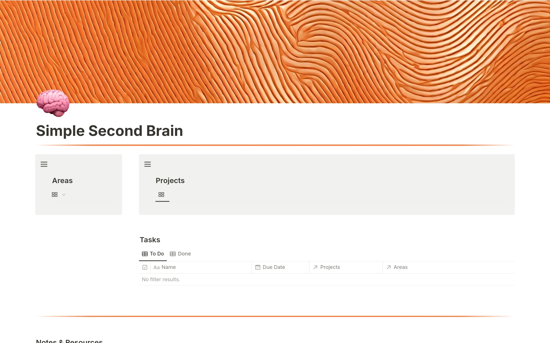 With the Simple Second Brain you have a Template that supports everything you need to become more productive, plan projects and organize resources.