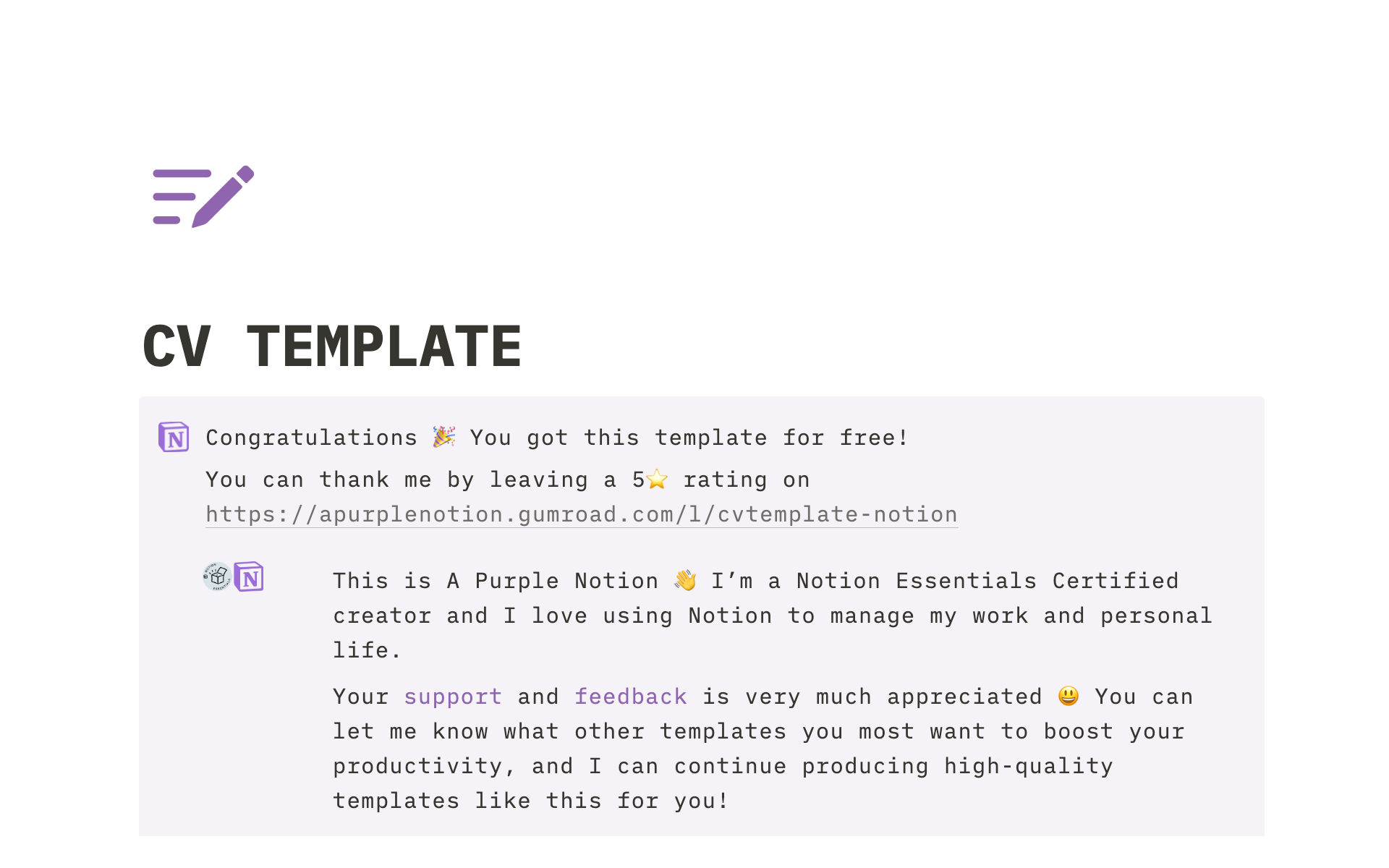 A template preview for Notion CV Template