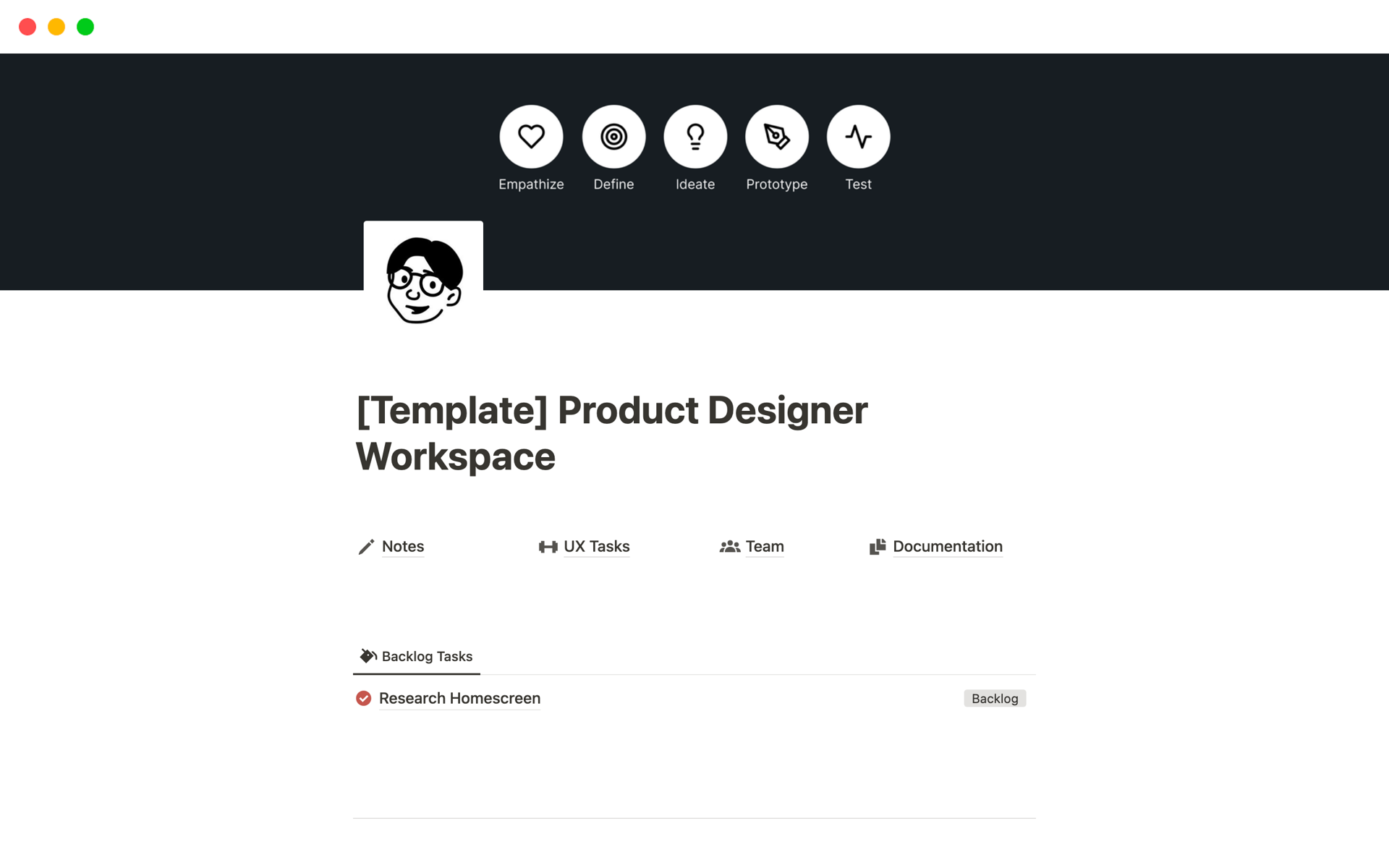 A template preview for Product Designer Workspace