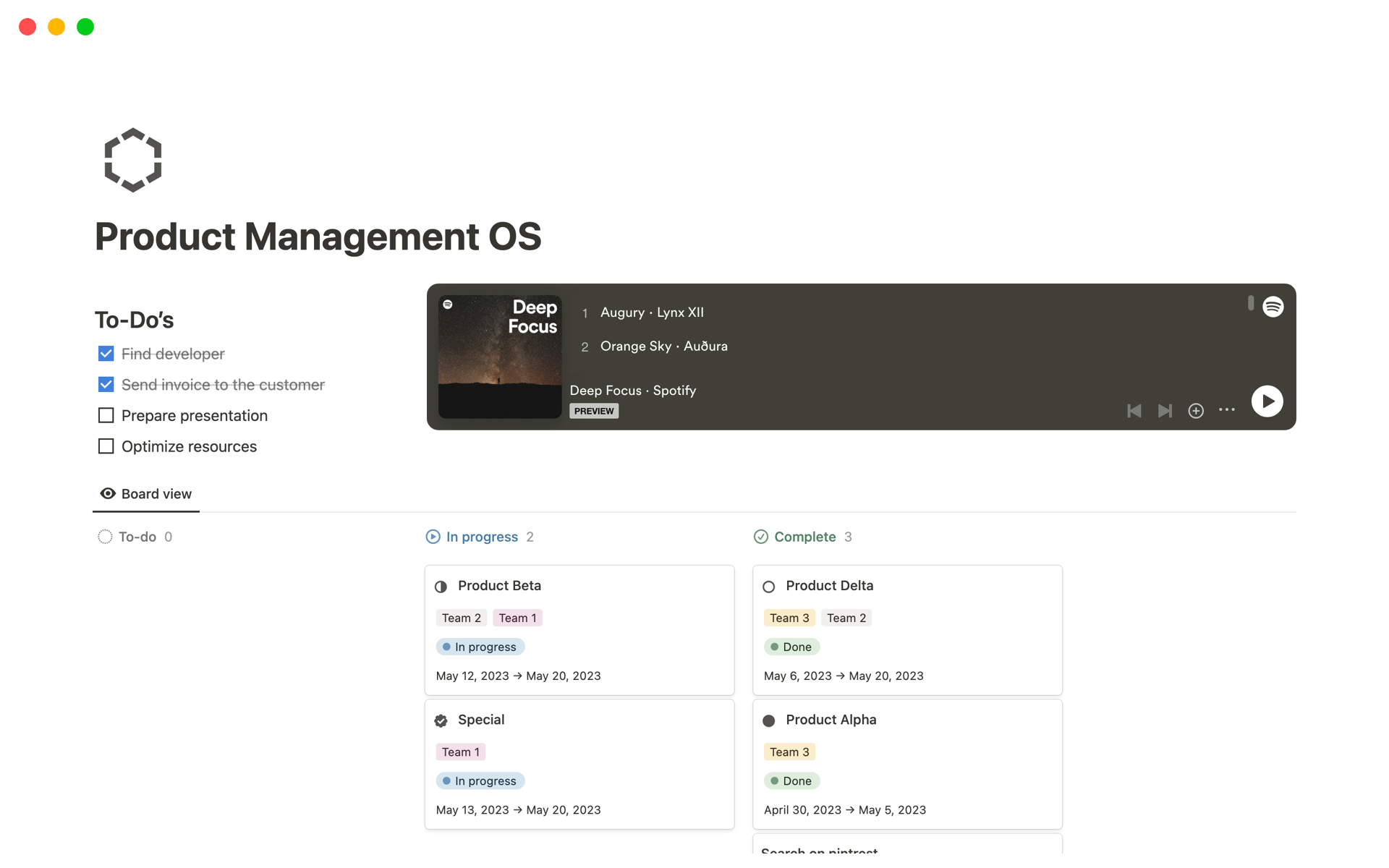 A template preview for Product Management OS