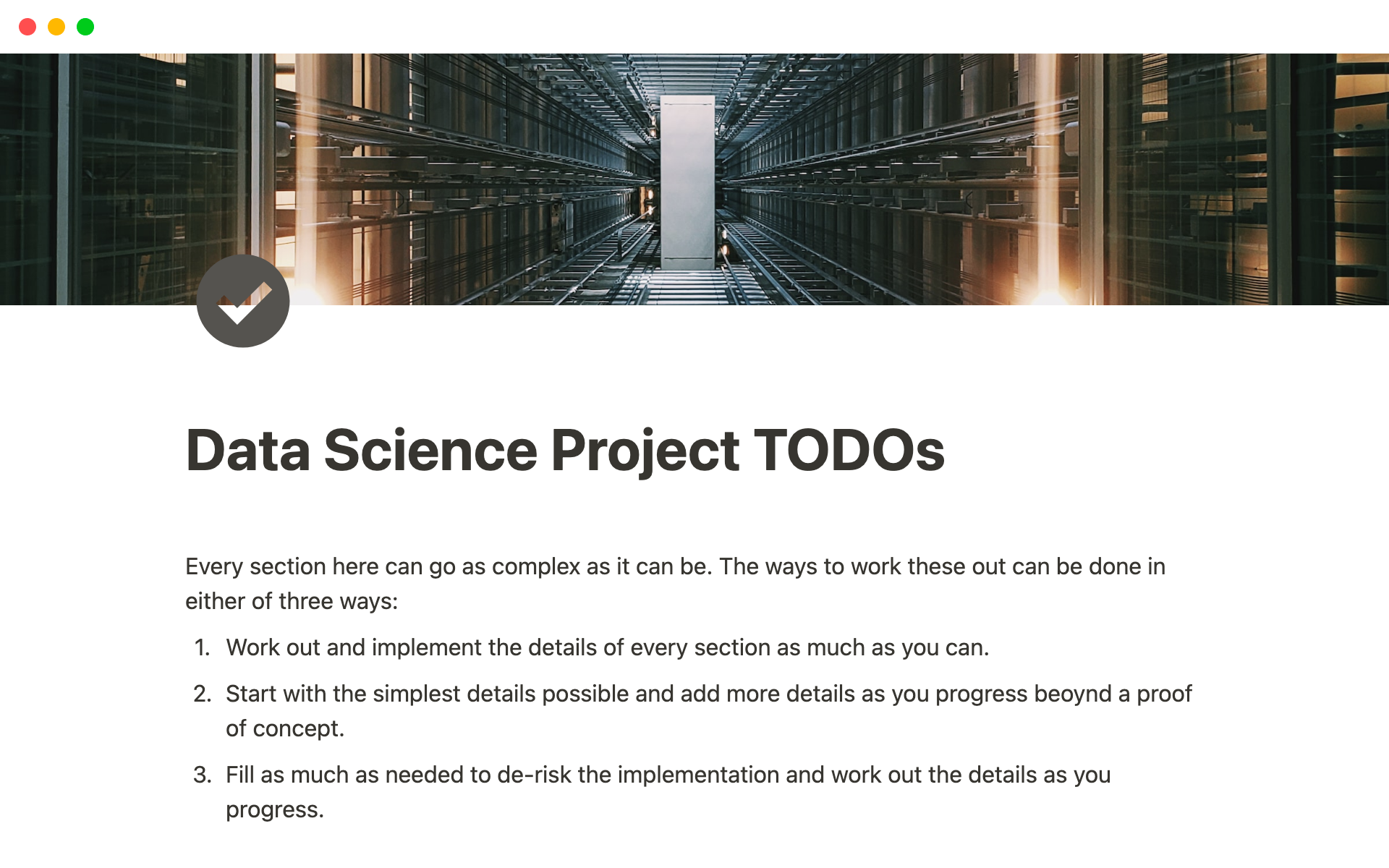 En förhandsgranskning av mallen för Data Science Project ToDos
