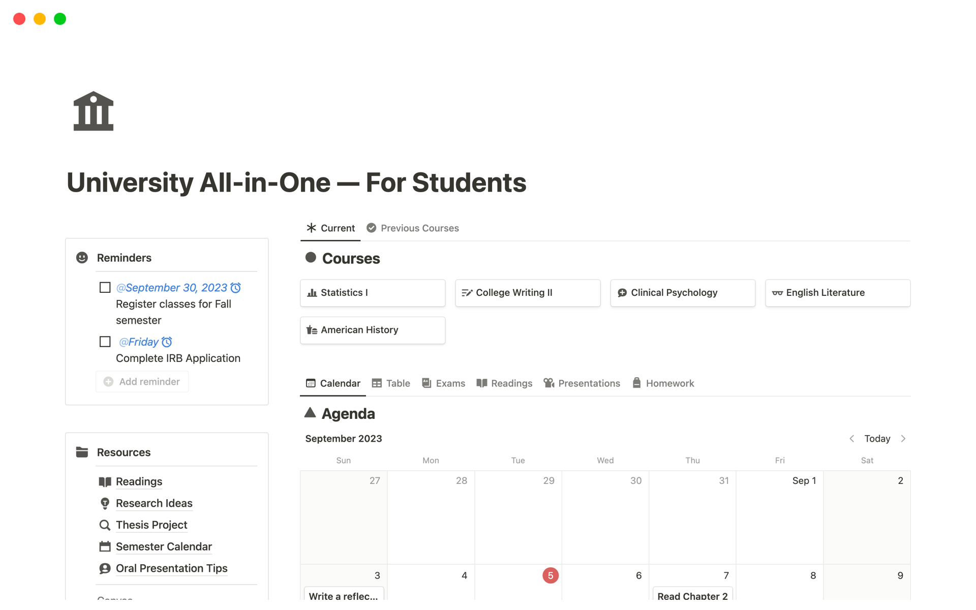 A template preview for University All-in-One — For Students