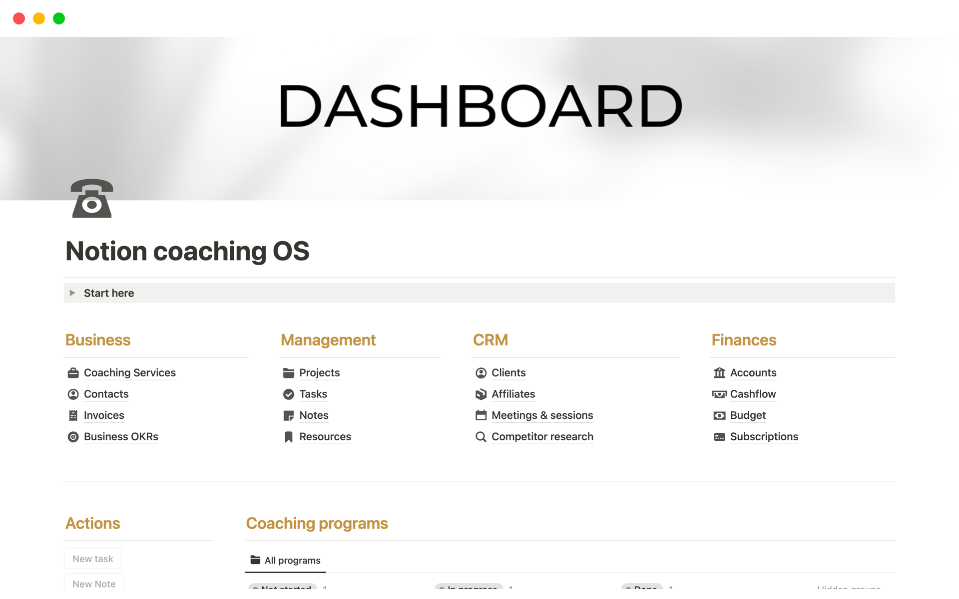 A template preview for Coaching Business OS