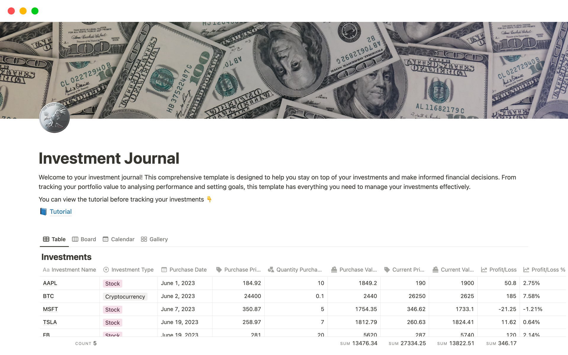 A template preview for Investment Journal Notion Template