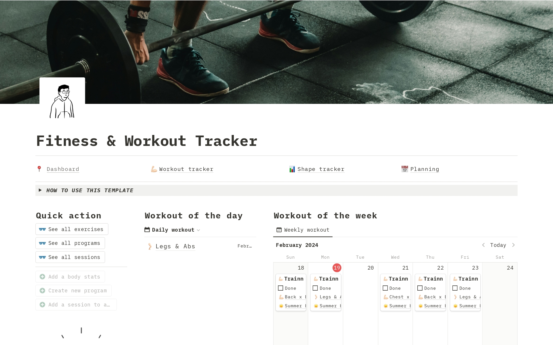 A template preview for Fintess & Workout Tracker