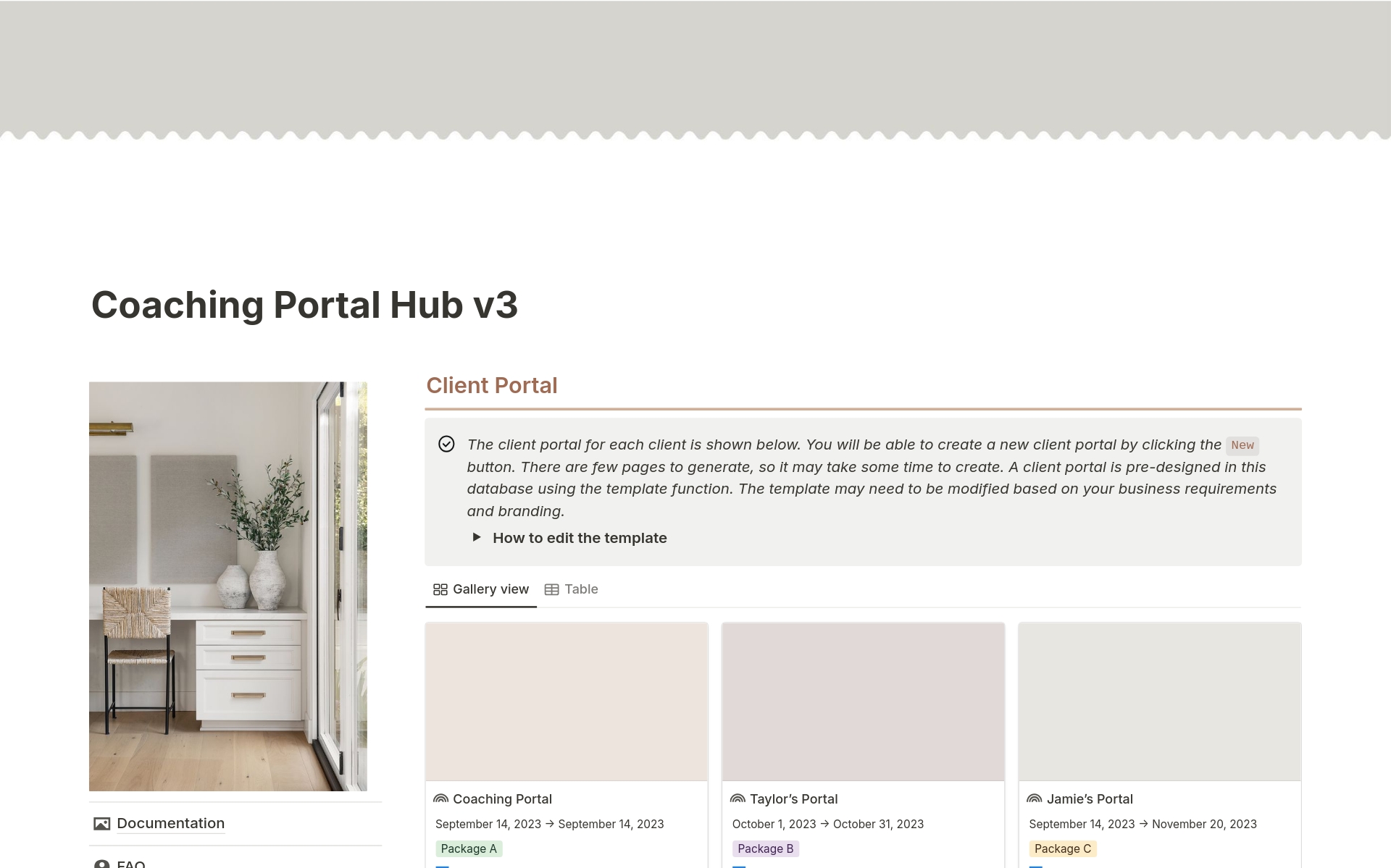 Vista previa de una plantilla para Client Portal : Coaching Edition