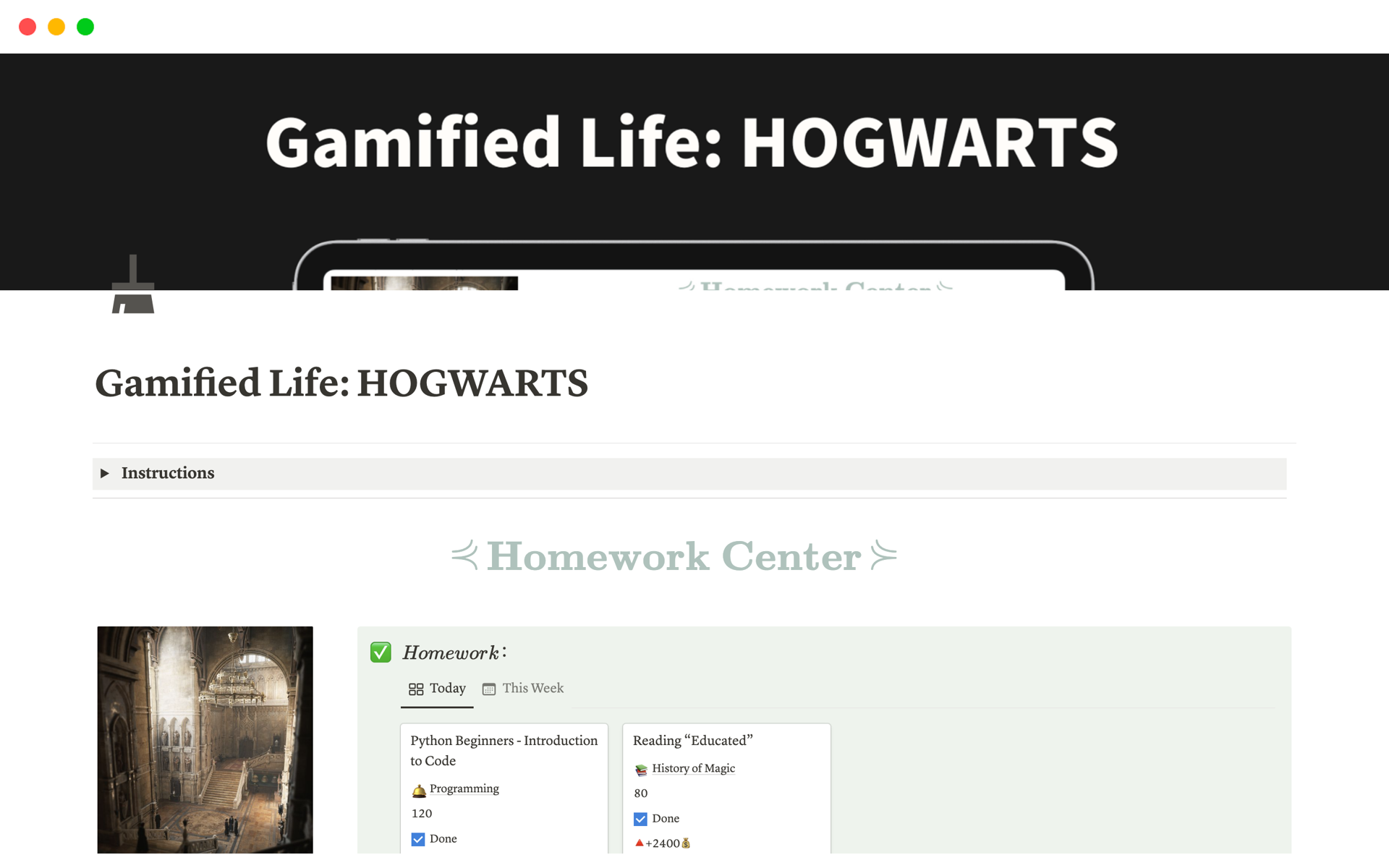 A template preview for Gamified Life: HOGWARTS