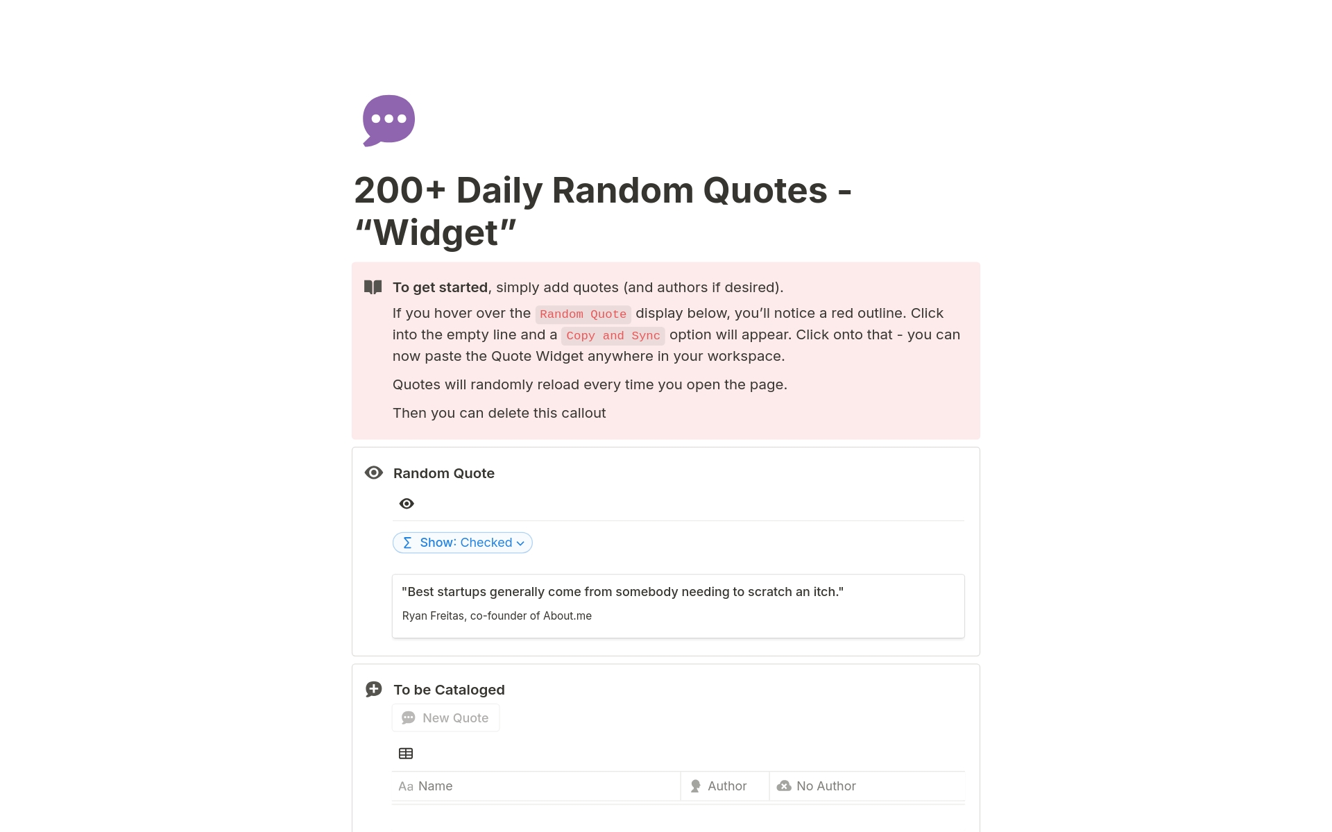 A template preview for Daily Random Quotes | Widget