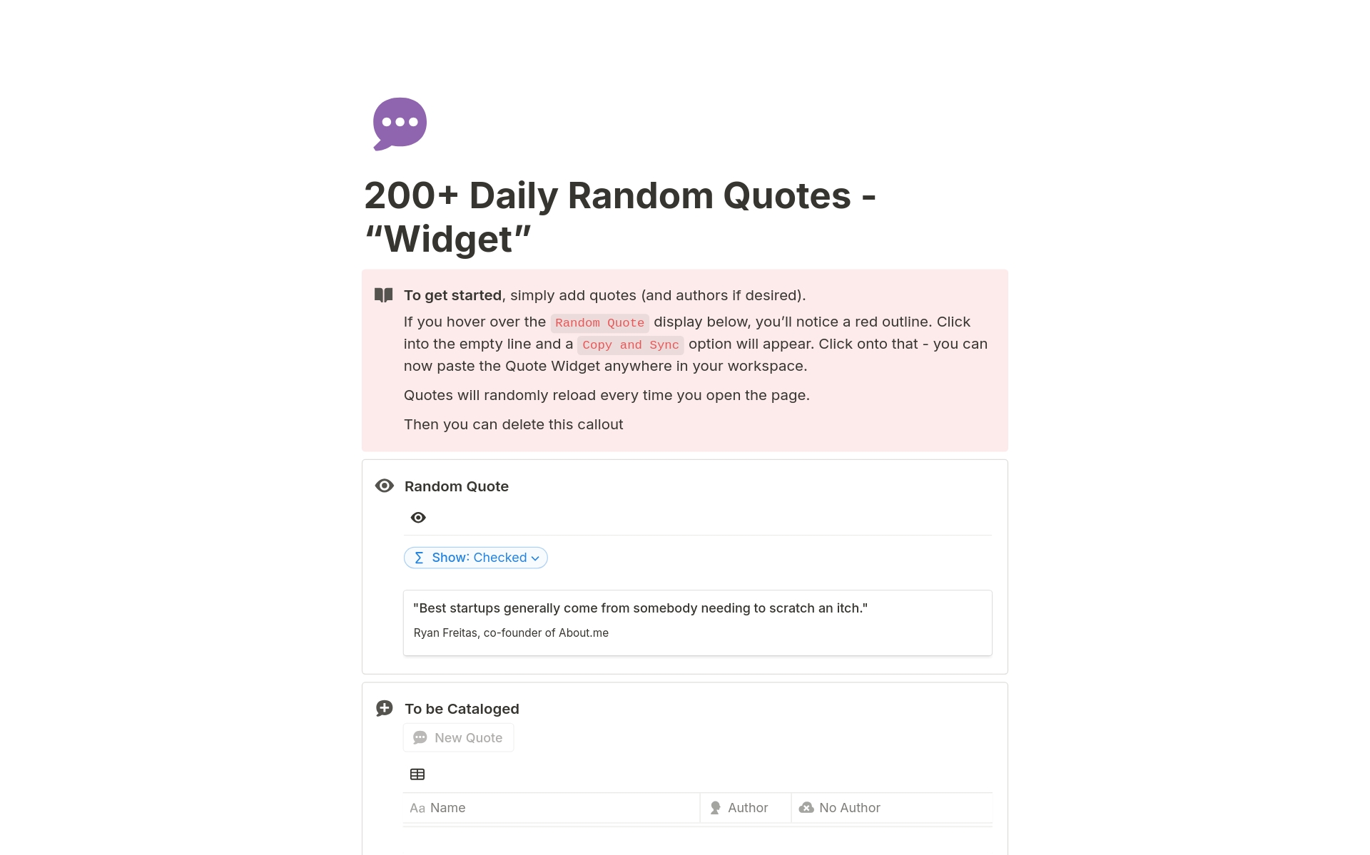 Daily Random Quotes Widget by Predo Notion Space 🚀 Notion Template
