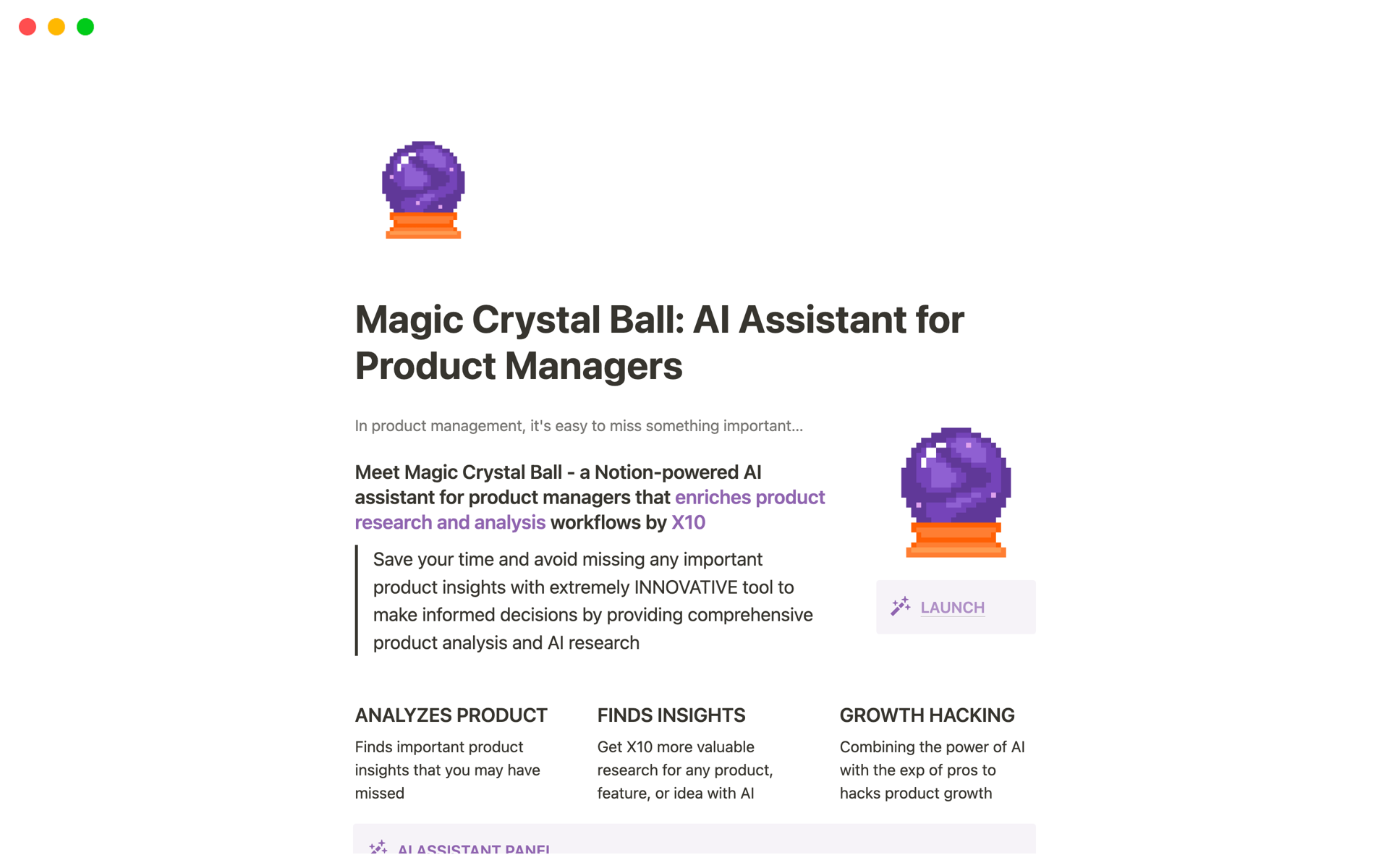 Eine Vorlagenvorschau für Magic Crystal Ball: AI Assistant for Product Manager