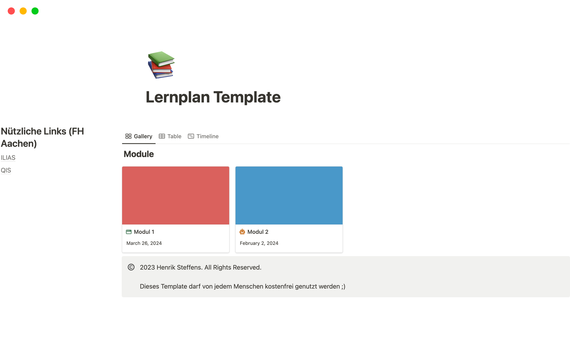 A template preview for Lernplan Template