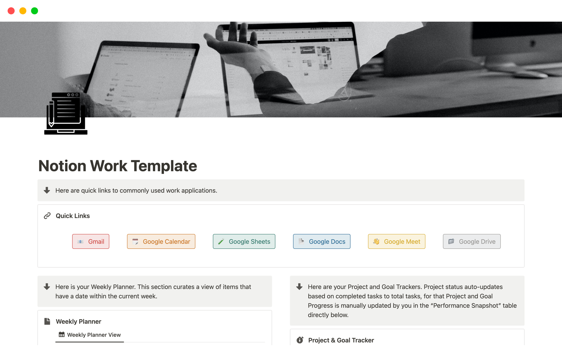 Vista previa de plantilla para Notion Work Template