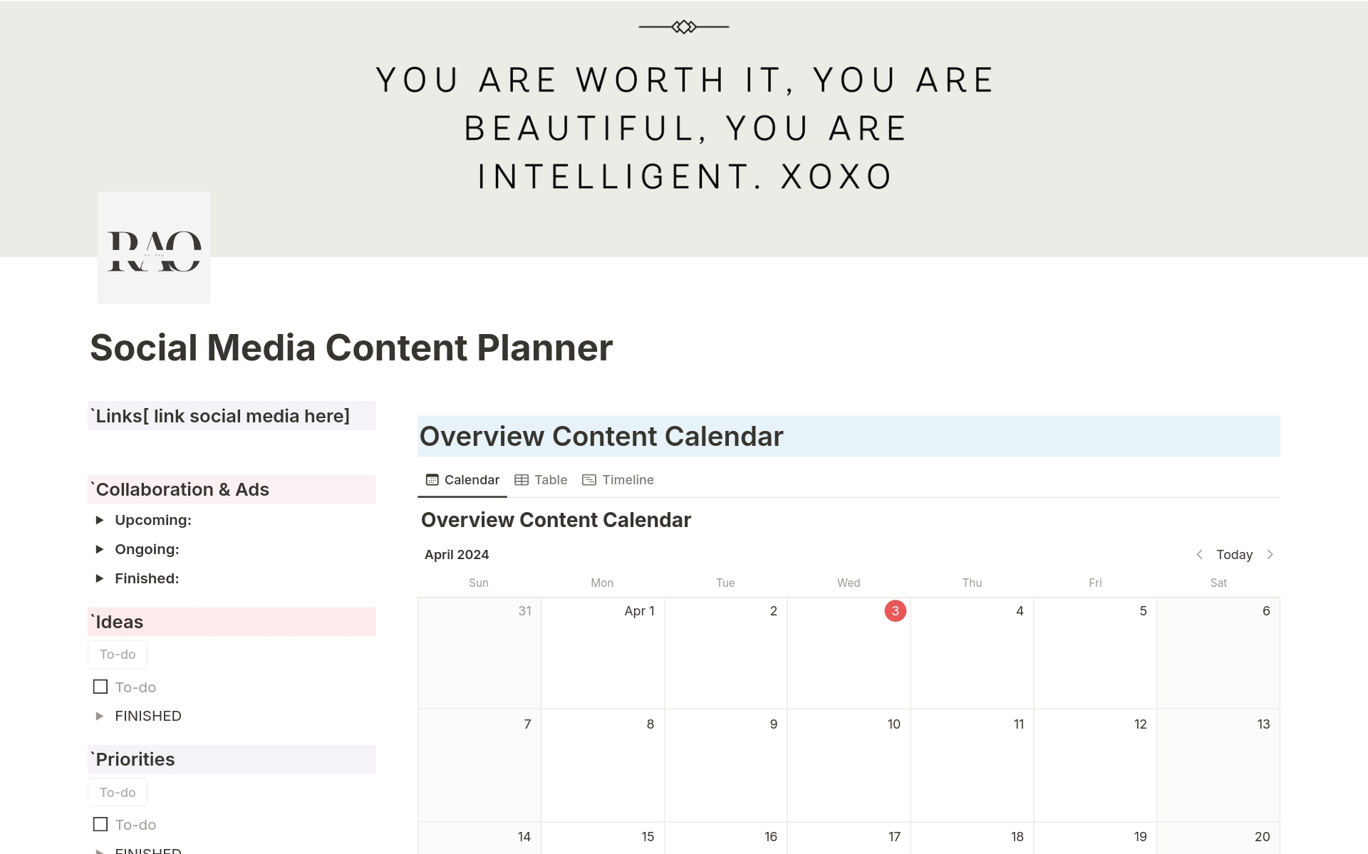 Vista previa de plantilla para Content Planner