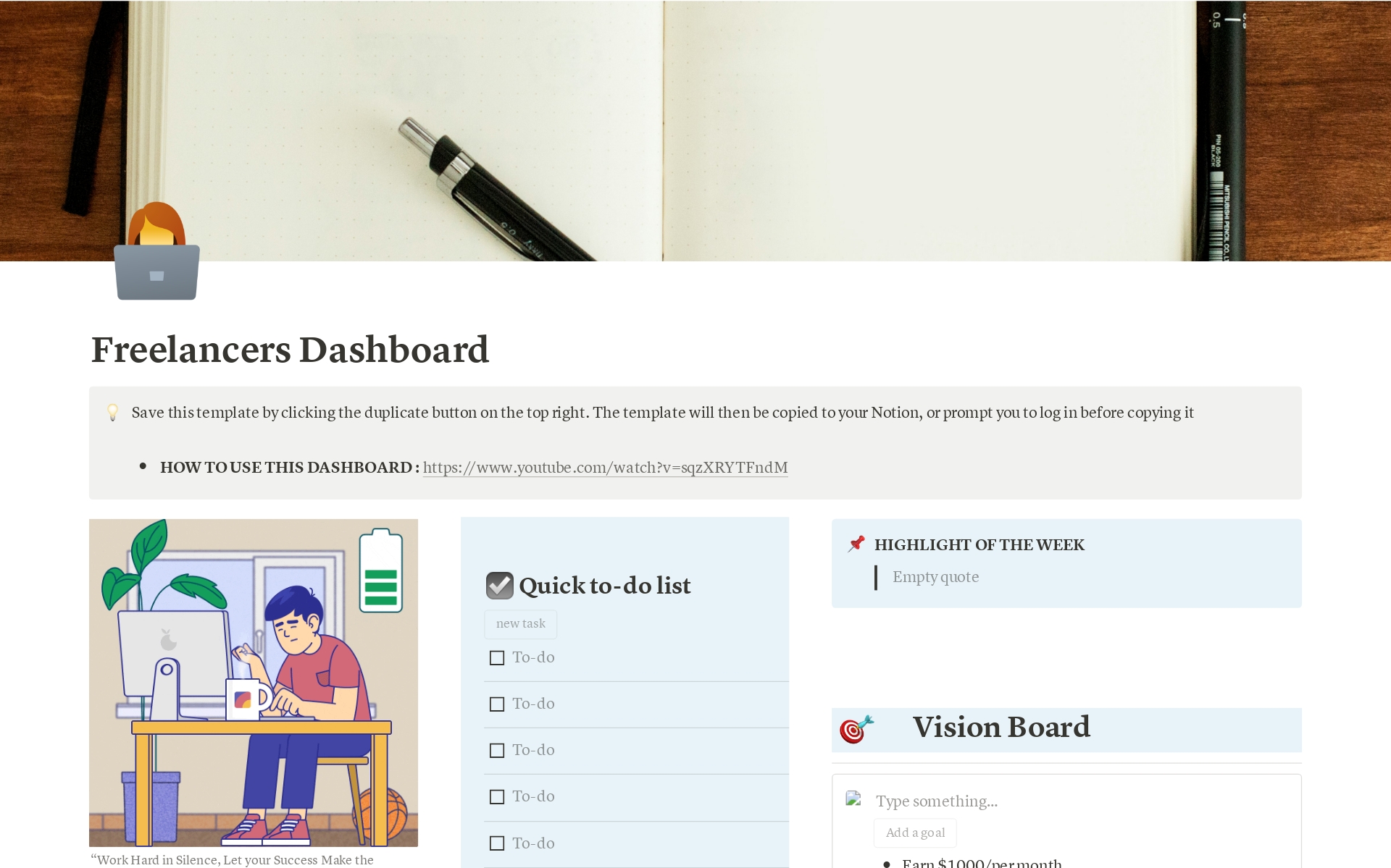Eine Vorlagenvorschau für Beginner Freelancer's Dashboard