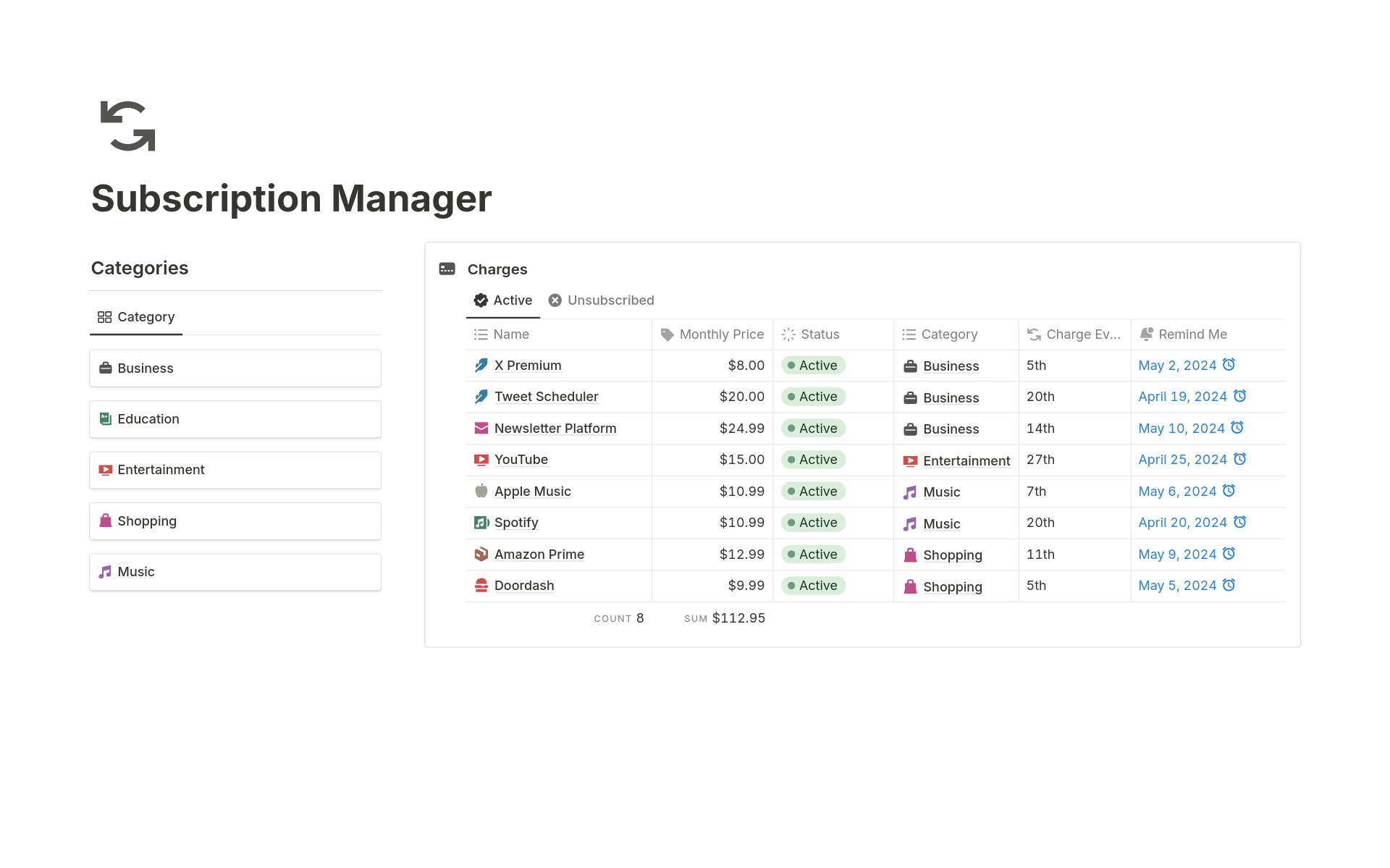 It's time to calculate all your subscriptions!

This Notion template allows you to list out all your subscriptions and arrange them in certain categories. Keep track of everything in one place and always come back to update subscription activity as you please. 