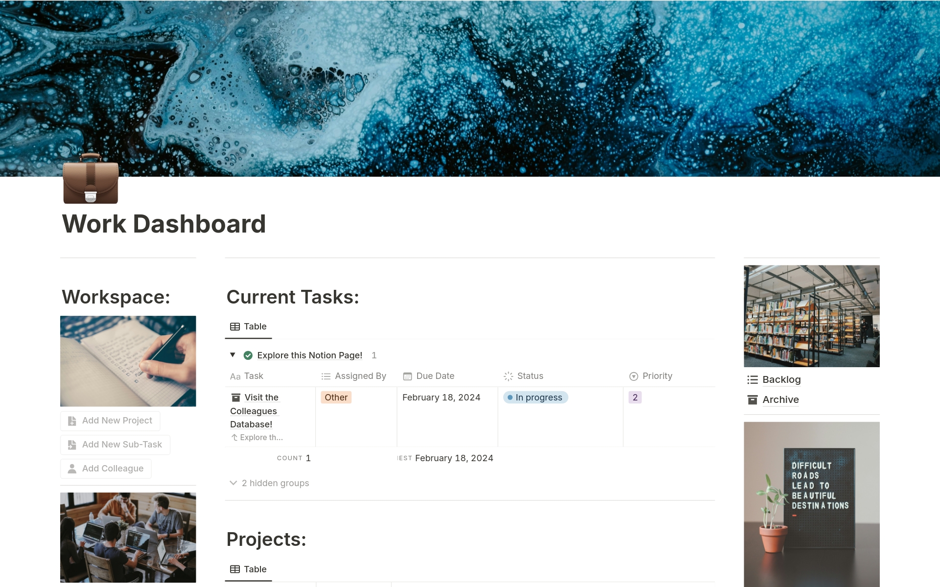 The ultimate work or student dashboard that fulfils all your organisational needs and make you ready for any future challenge! (Includes: Dashboard Overview, Backlog, Archive, Colleague Database, Work Procedures, Quick Notes, Useful Links and Personal Progression).