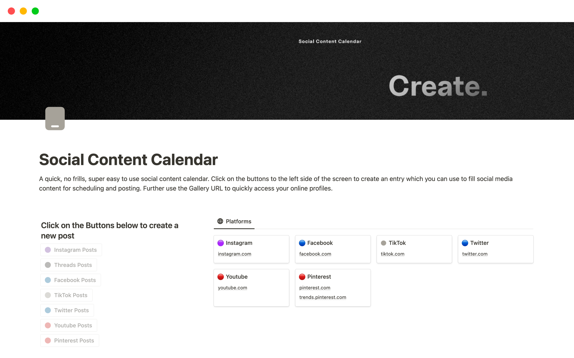 Uma prévia do modelo para Social Content Calendar