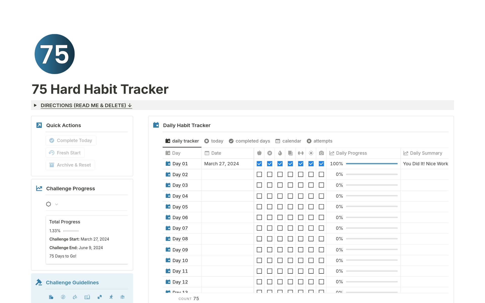 75 Hard Habit Trackerのテンプレートのプレビュー