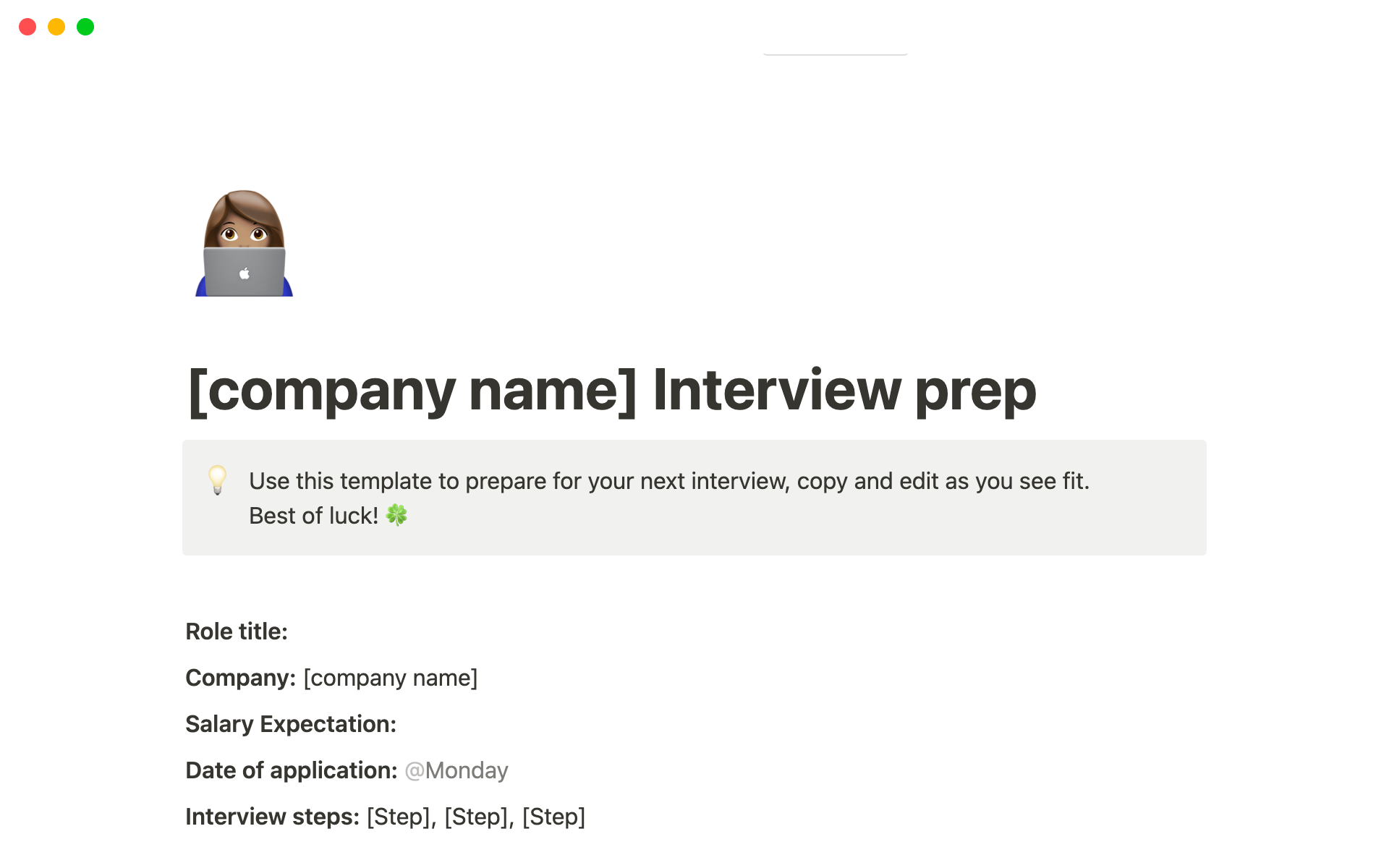 A template preview for Interview Prep Template & Guidebook