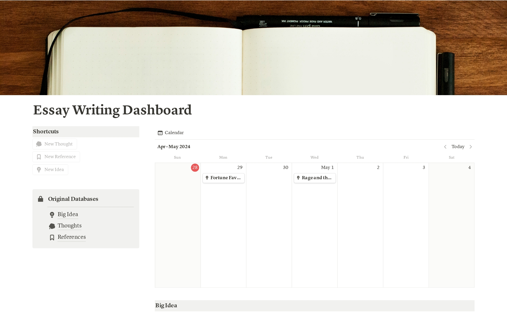 The Essay Writing Dashboard is a Notion template where you can assemble thoughts into a comprehensible essay whether it’s for personal use or academia.