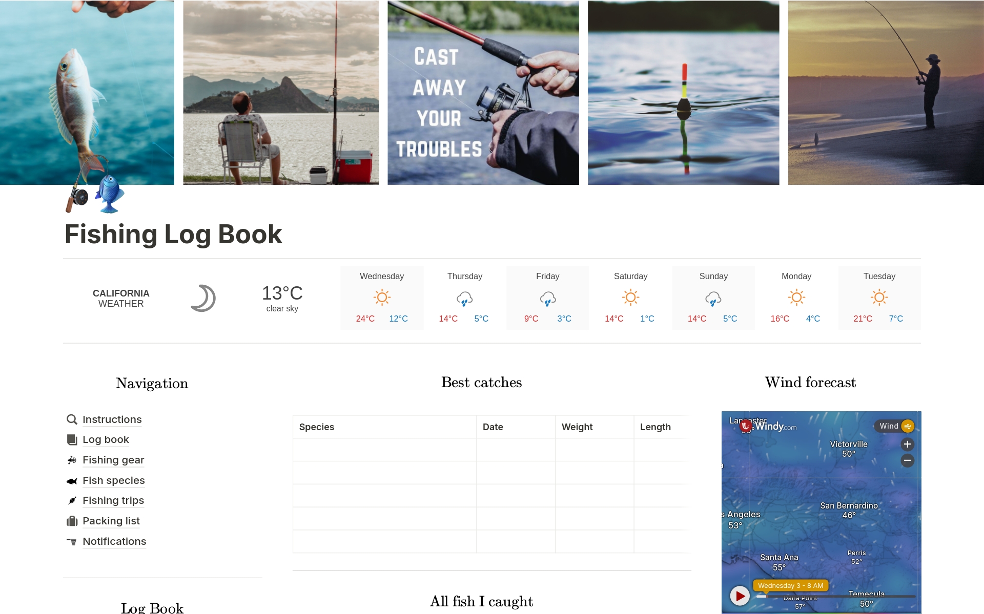 A template preview for Fishing Logbook