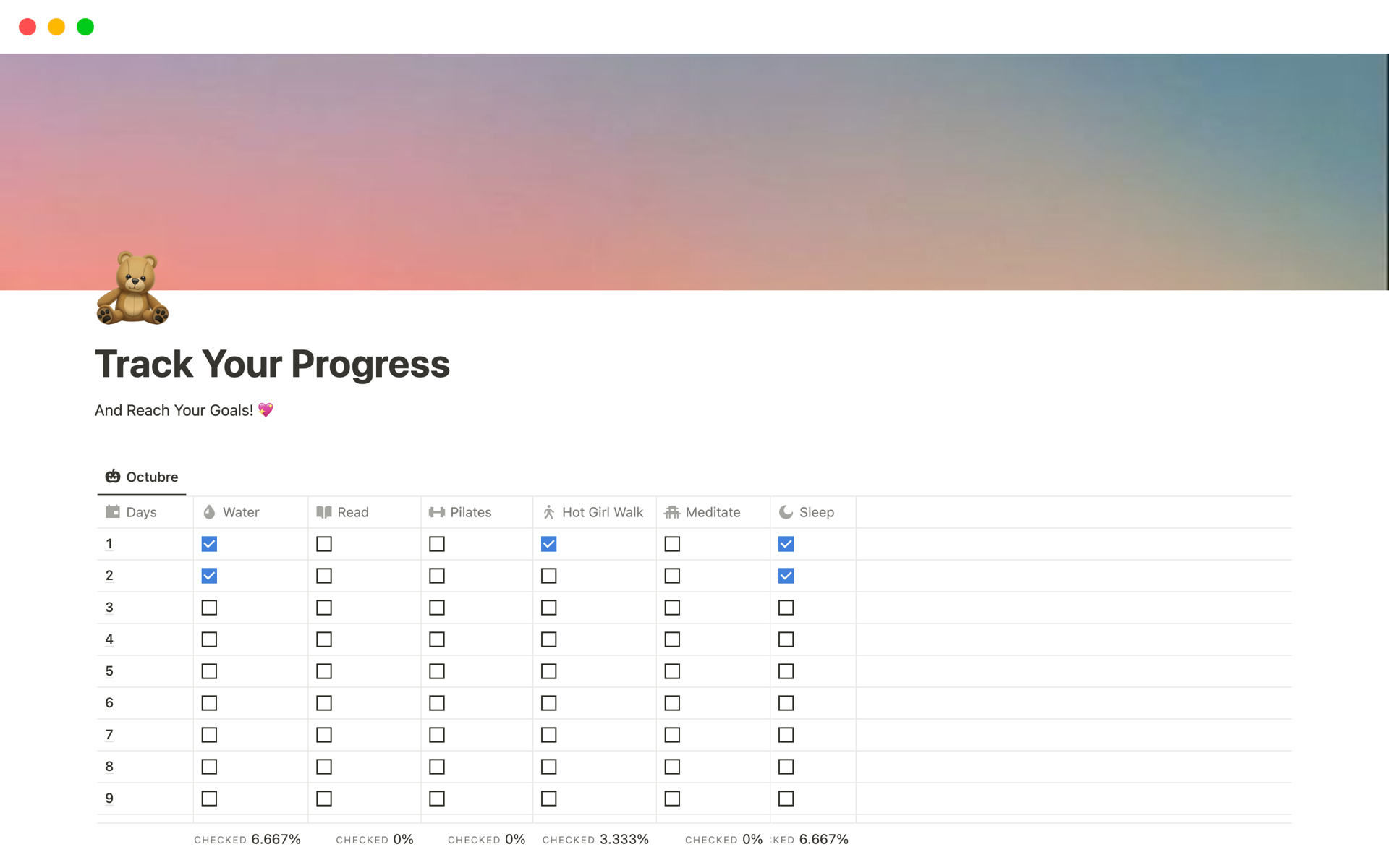 Vista previa de plantilla para Track Your Progress