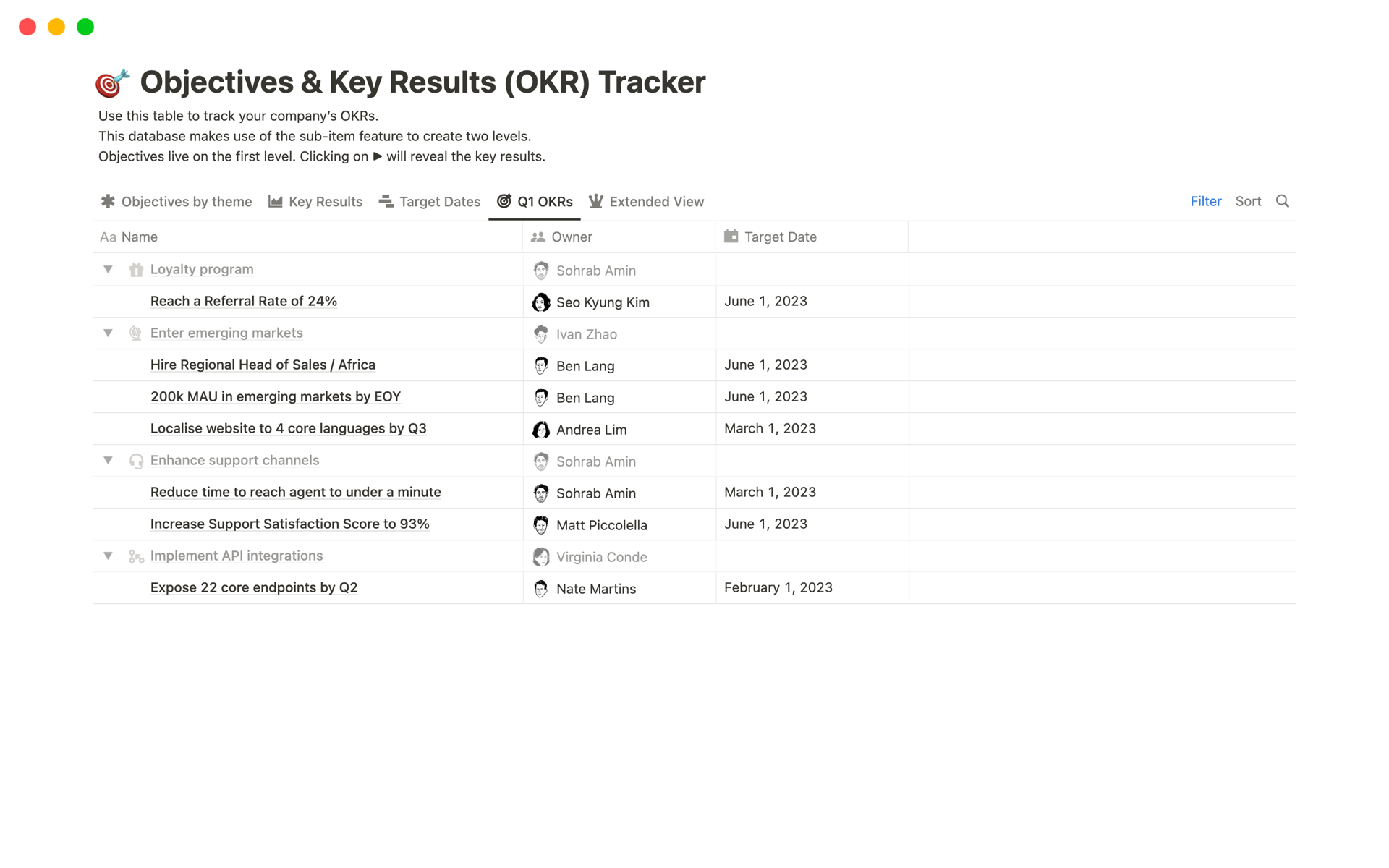 Keep track of your OKRs with status, owner, priority, and timeline details using our Objectives & Key Results Tracker template.