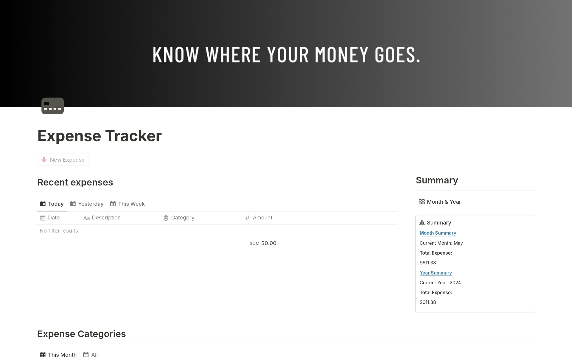 Effortlessly manage and track your expenses, group them by custom categories, view them by time periods, and gain valuable insights with this comprehensive Notion expense tracker template.