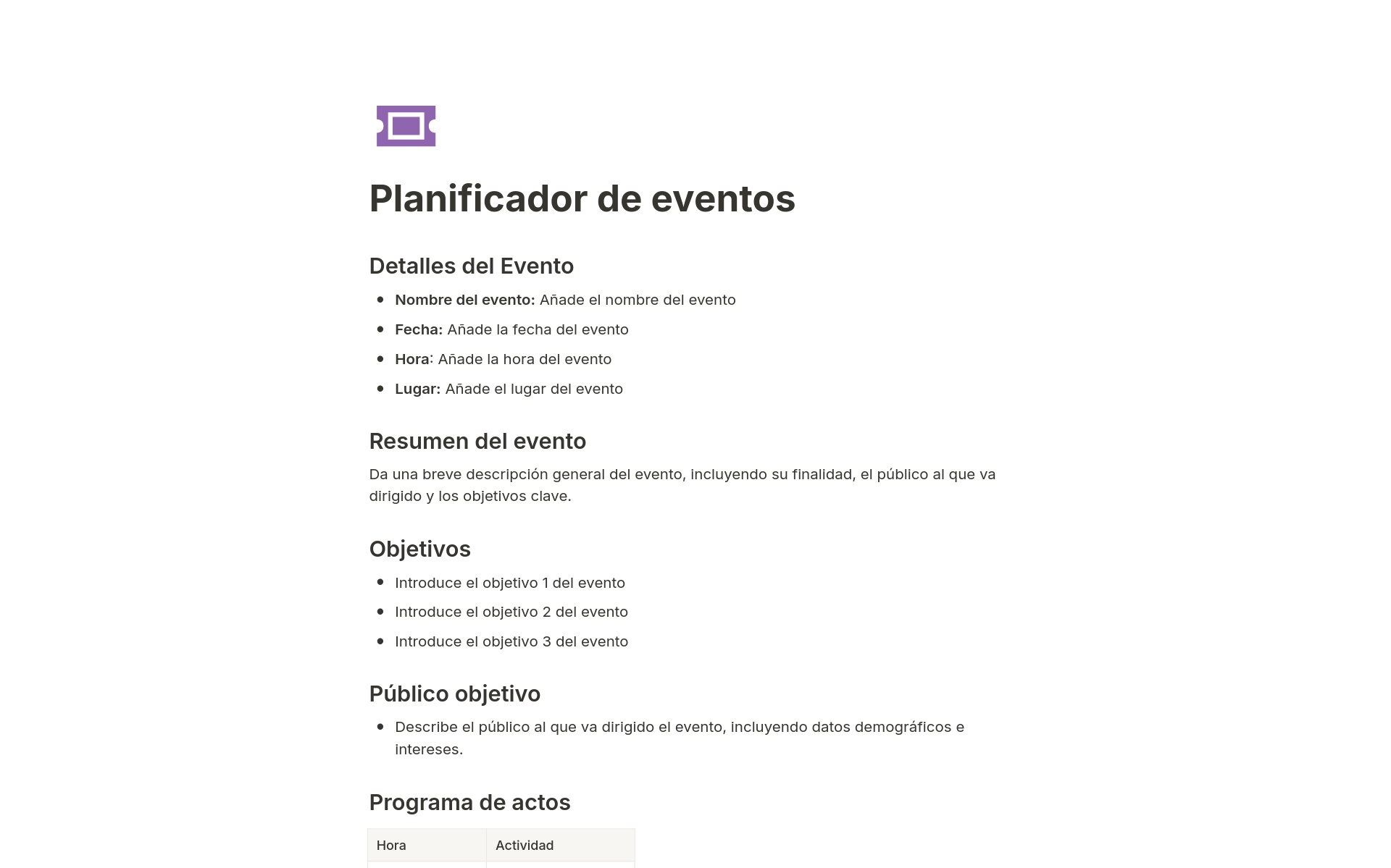 Vista previa de plantilla para Planificador de eventos