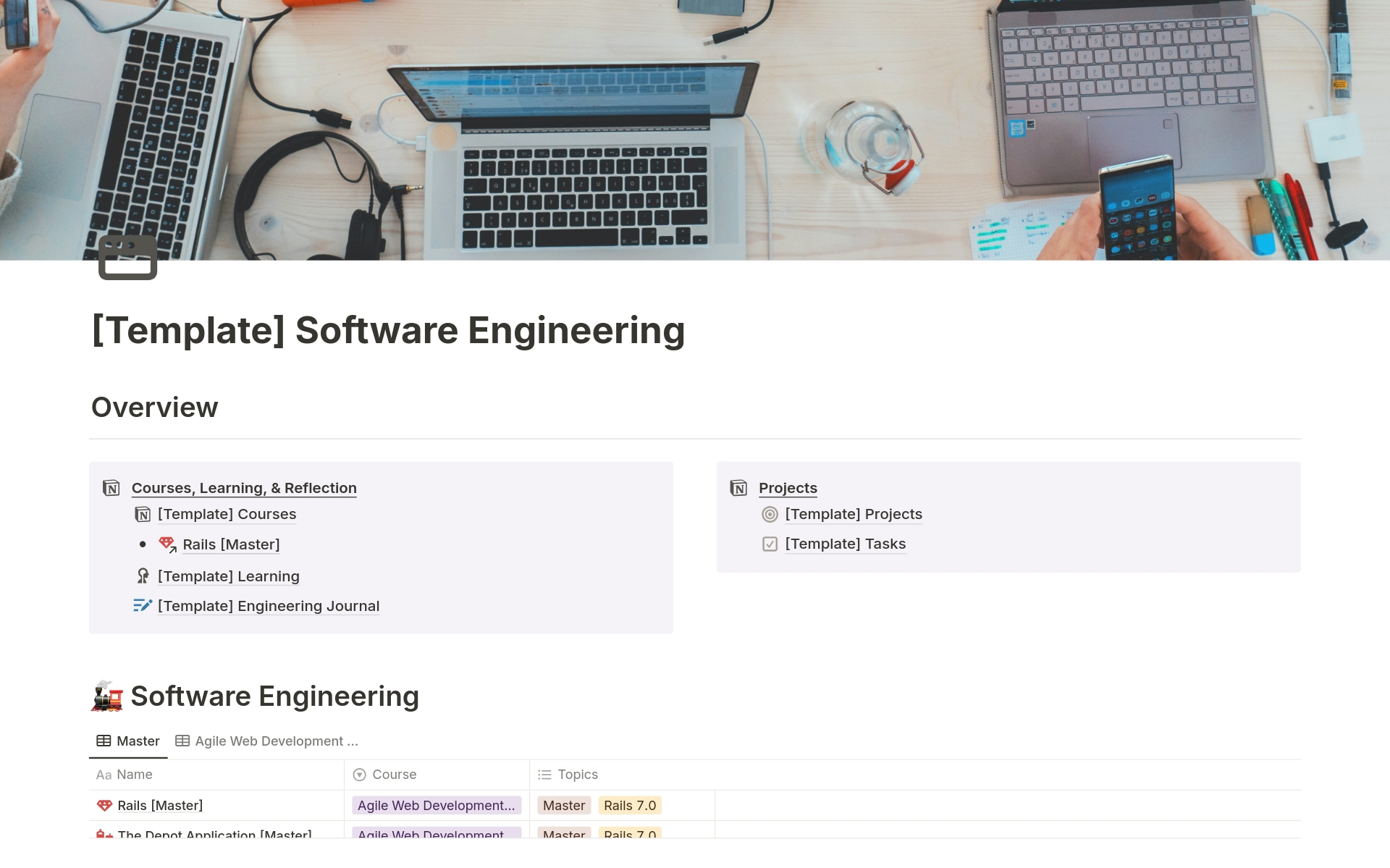 A template preview for Software Engineer: Courses, Learnings & Projects