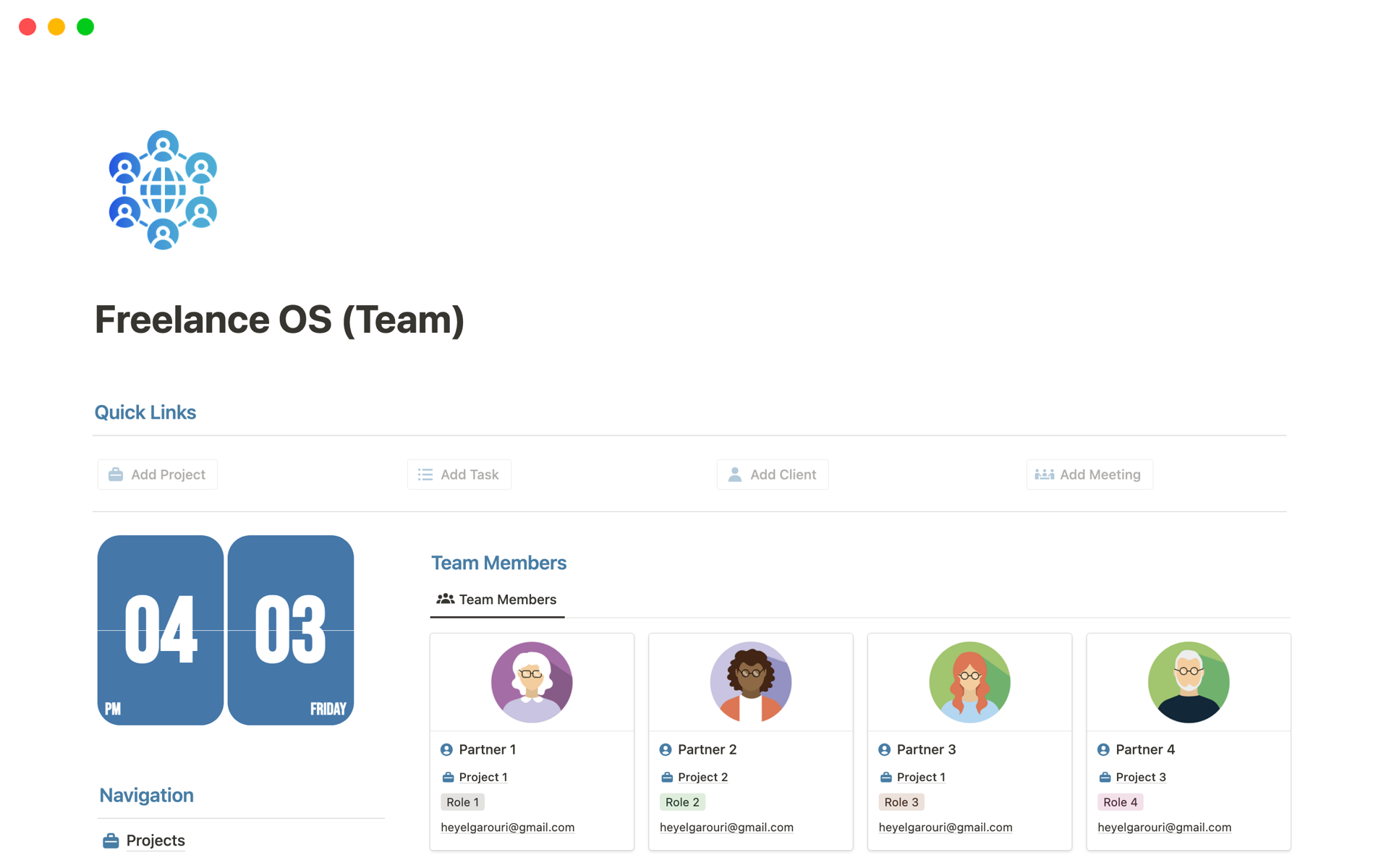 Eine Vorlagenvorschau für Freelance OS (Team)