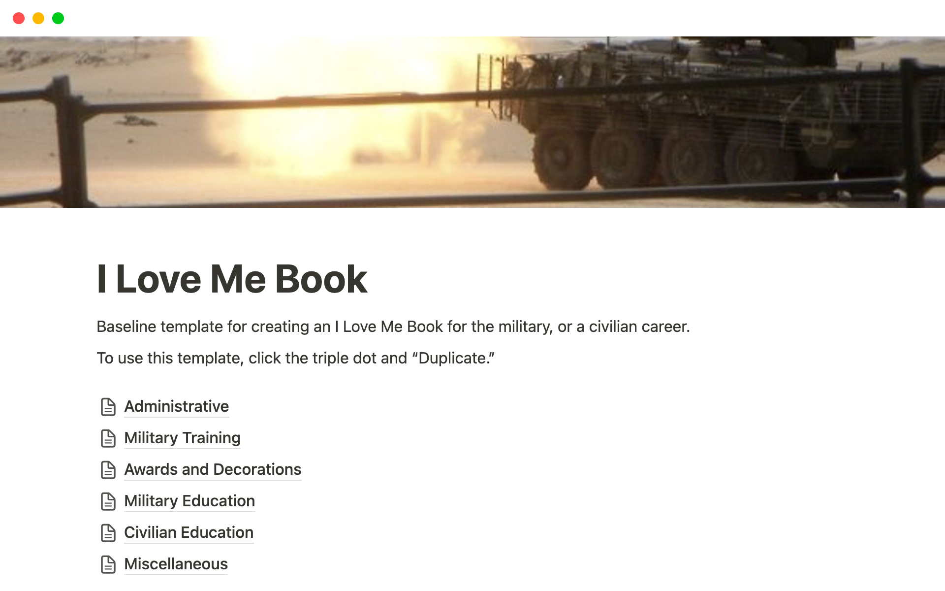 A template preview for Military I Love Me Book