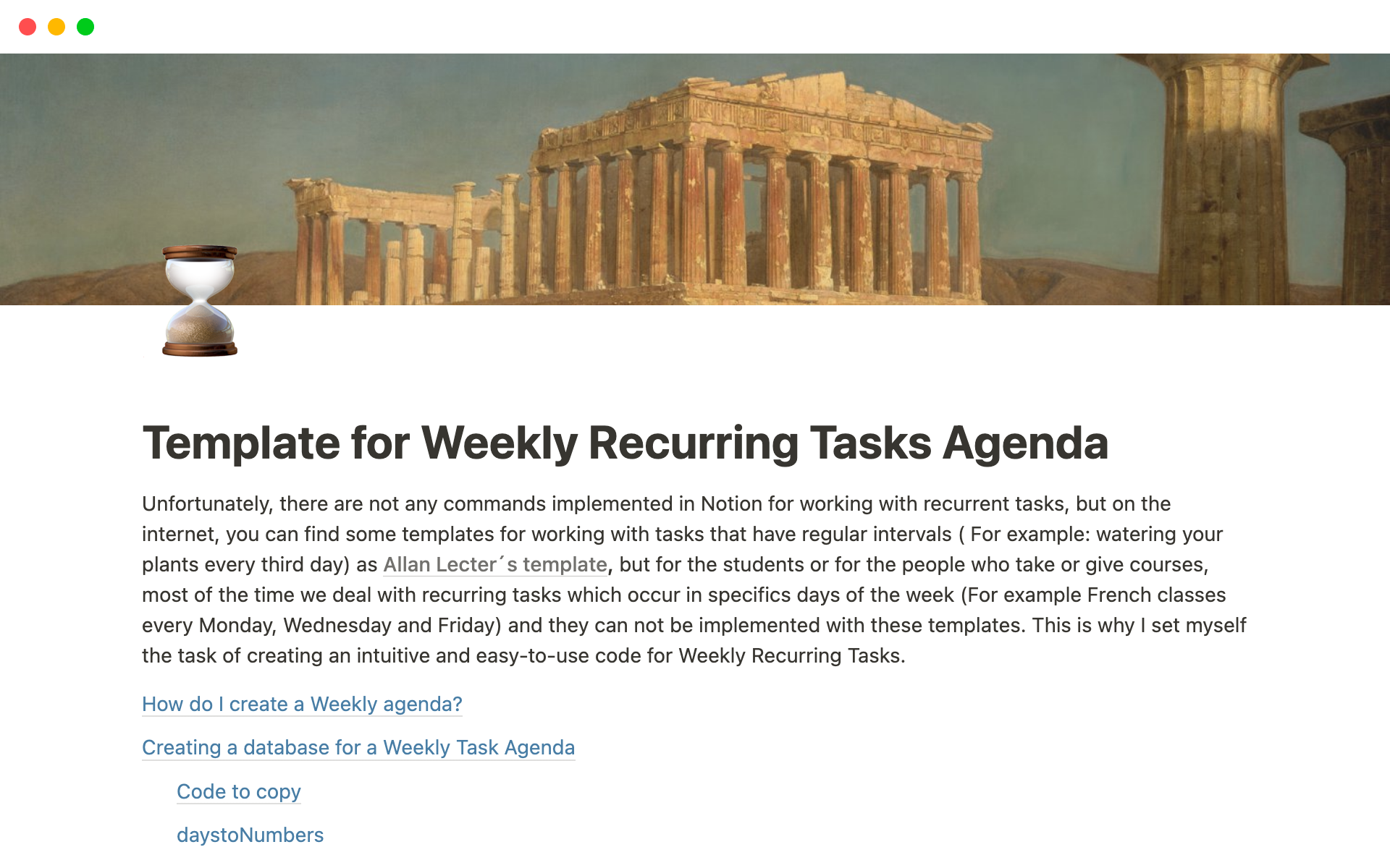 Uma prévia do modelo para Weekly Recurring Tasks Agenda