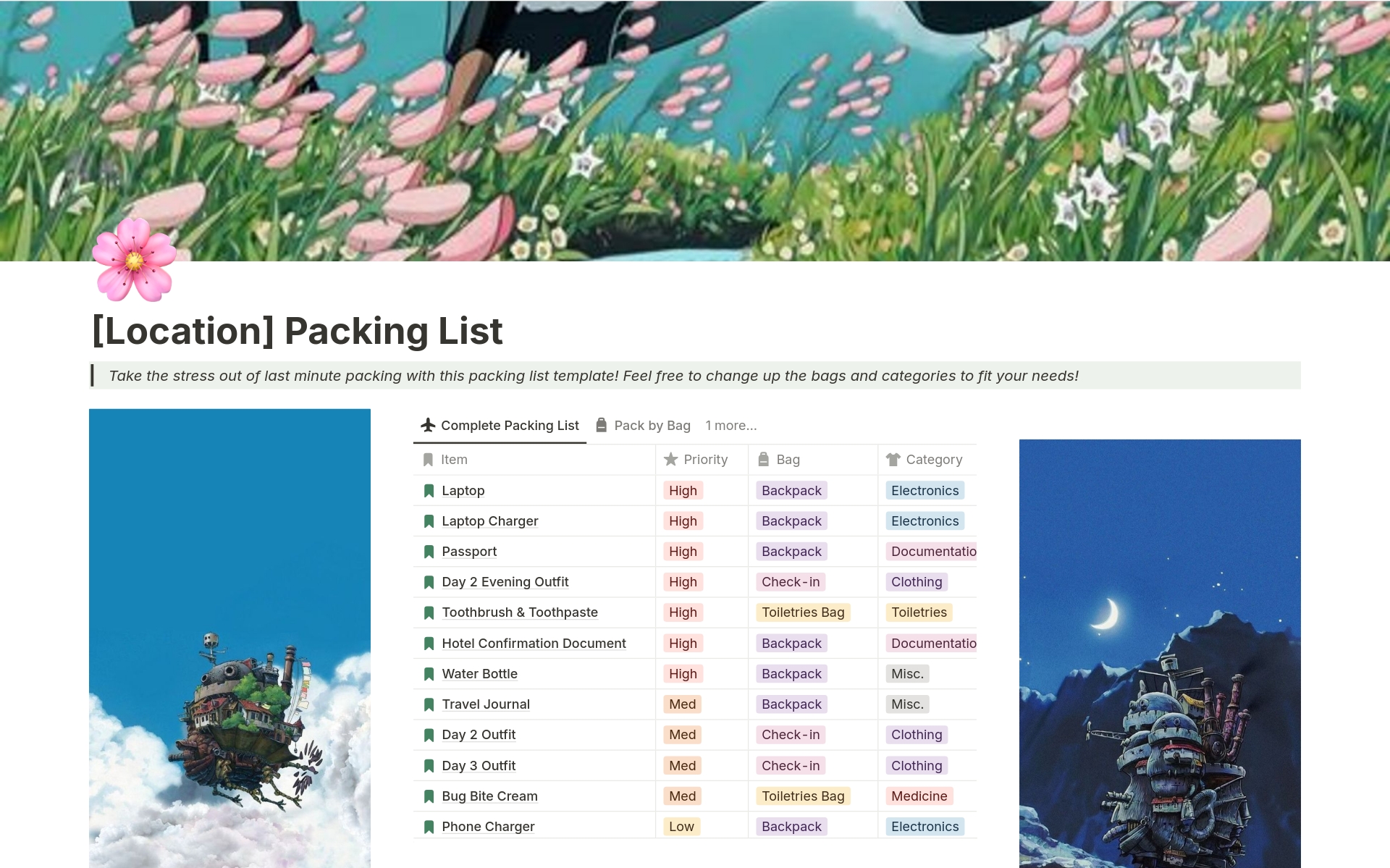 A template preview for howl's packing list