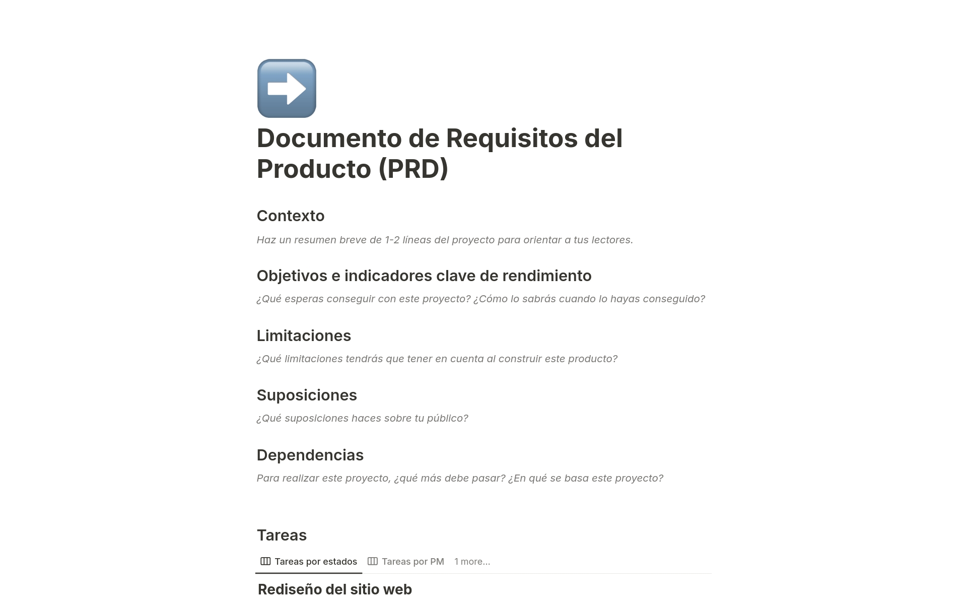 Vista previa de plantilla para Documento de Requisitos del Producto (PRD)