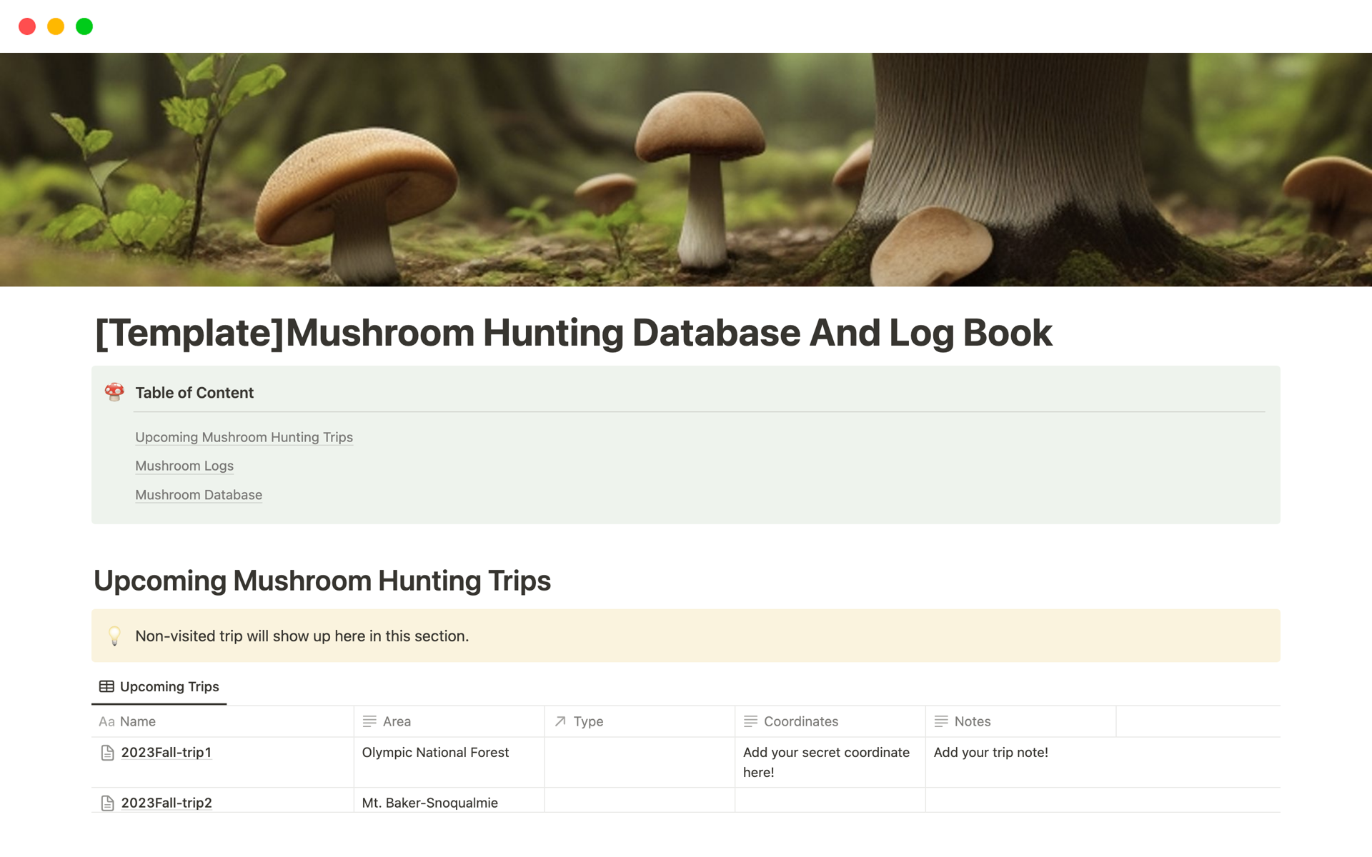 A template preview for Mushroom Hunting Database And Log Book