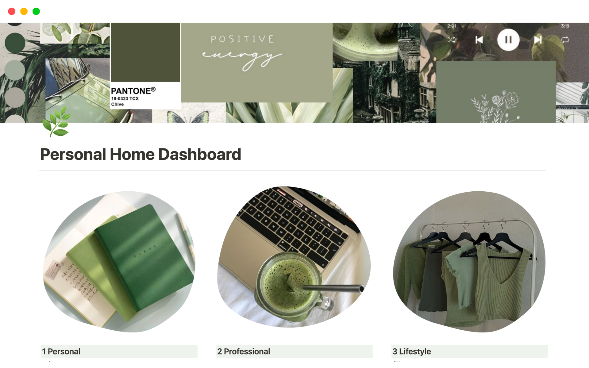A template preview for Personal Home Dashboard Green