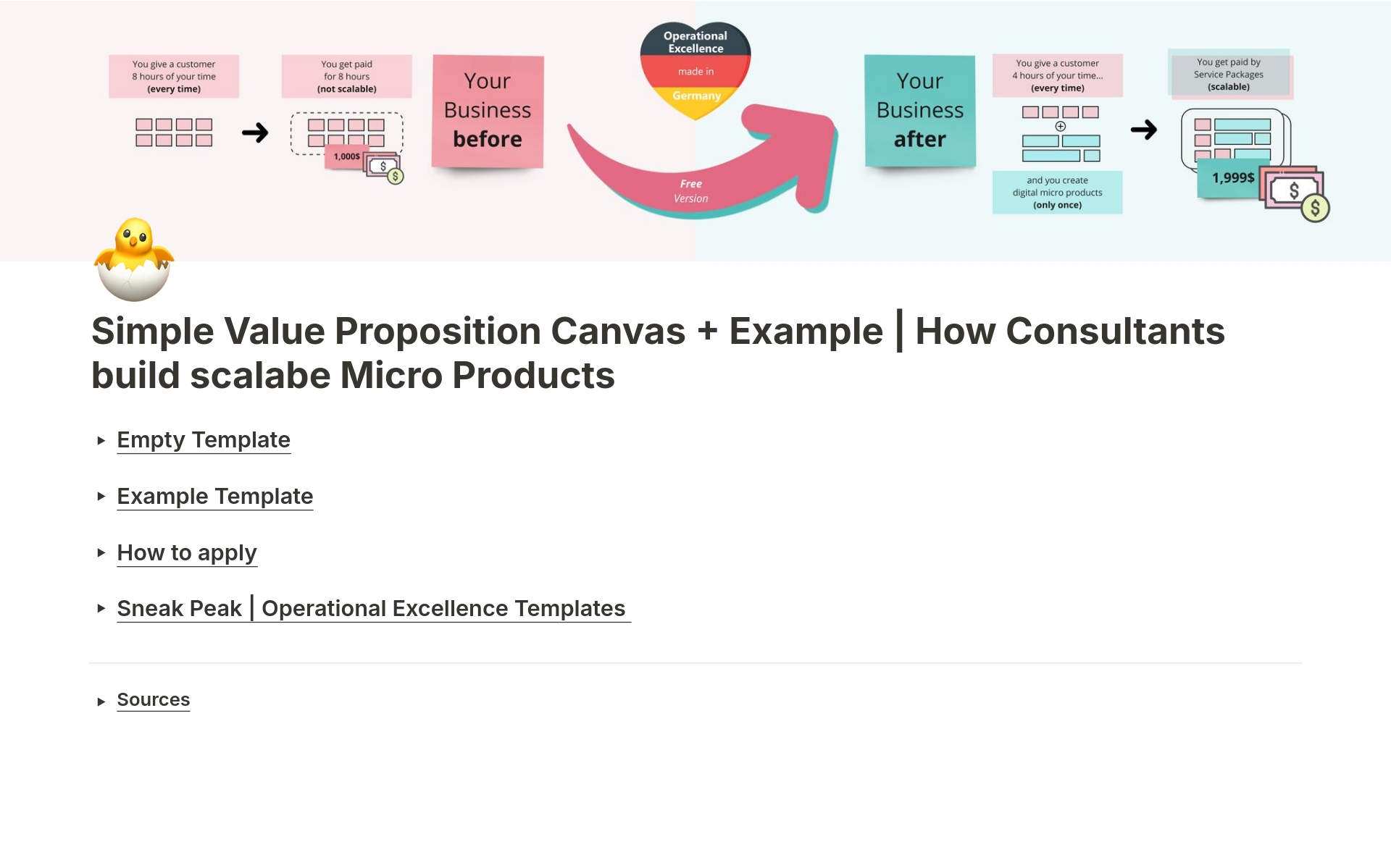 This quality template helps consultants & agencies to build scalabe Micro Products|
Easy to use, hard to master. Simple Value Proposition Canvas + Example |