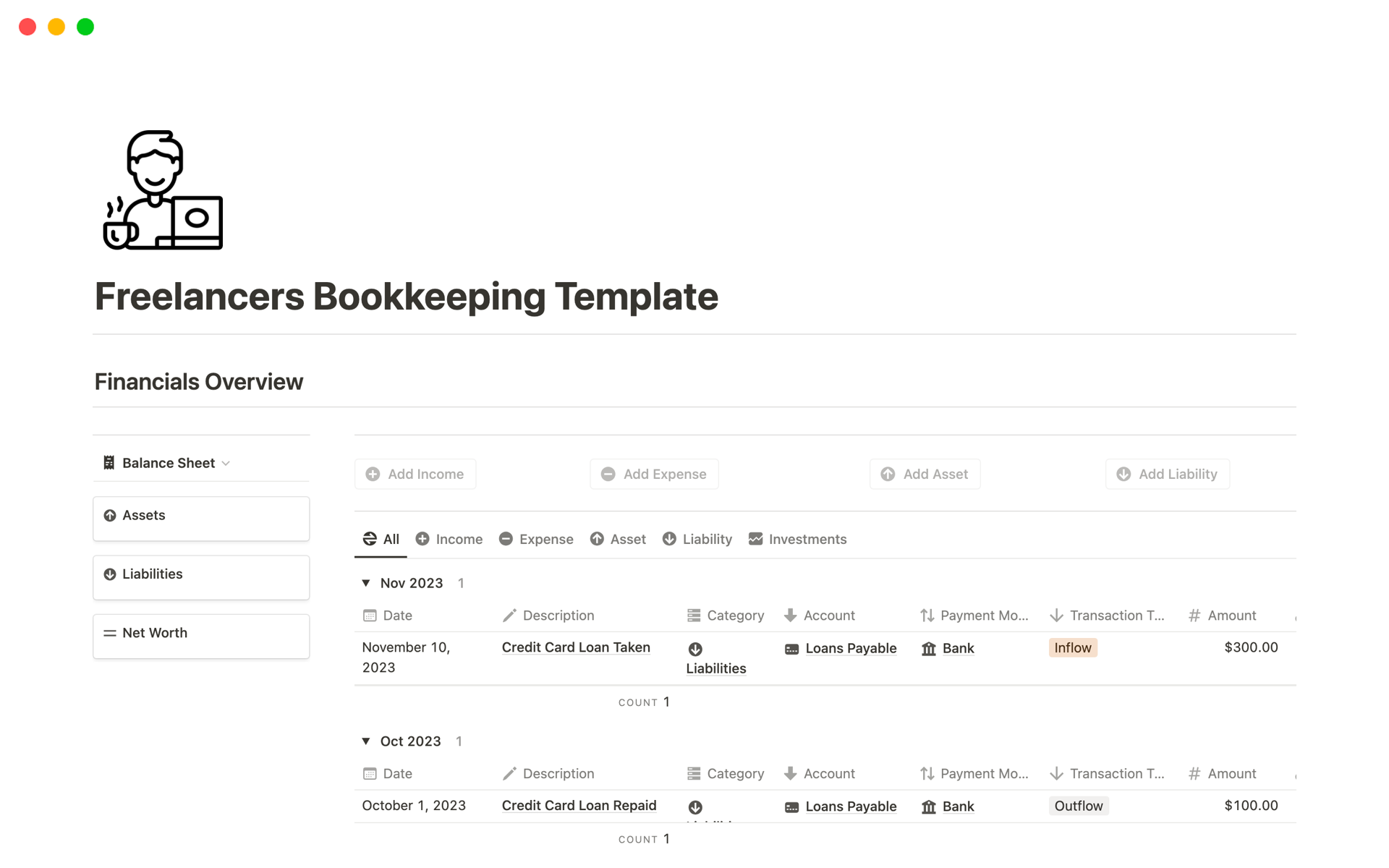A template preview for Freelancers Bookeeping