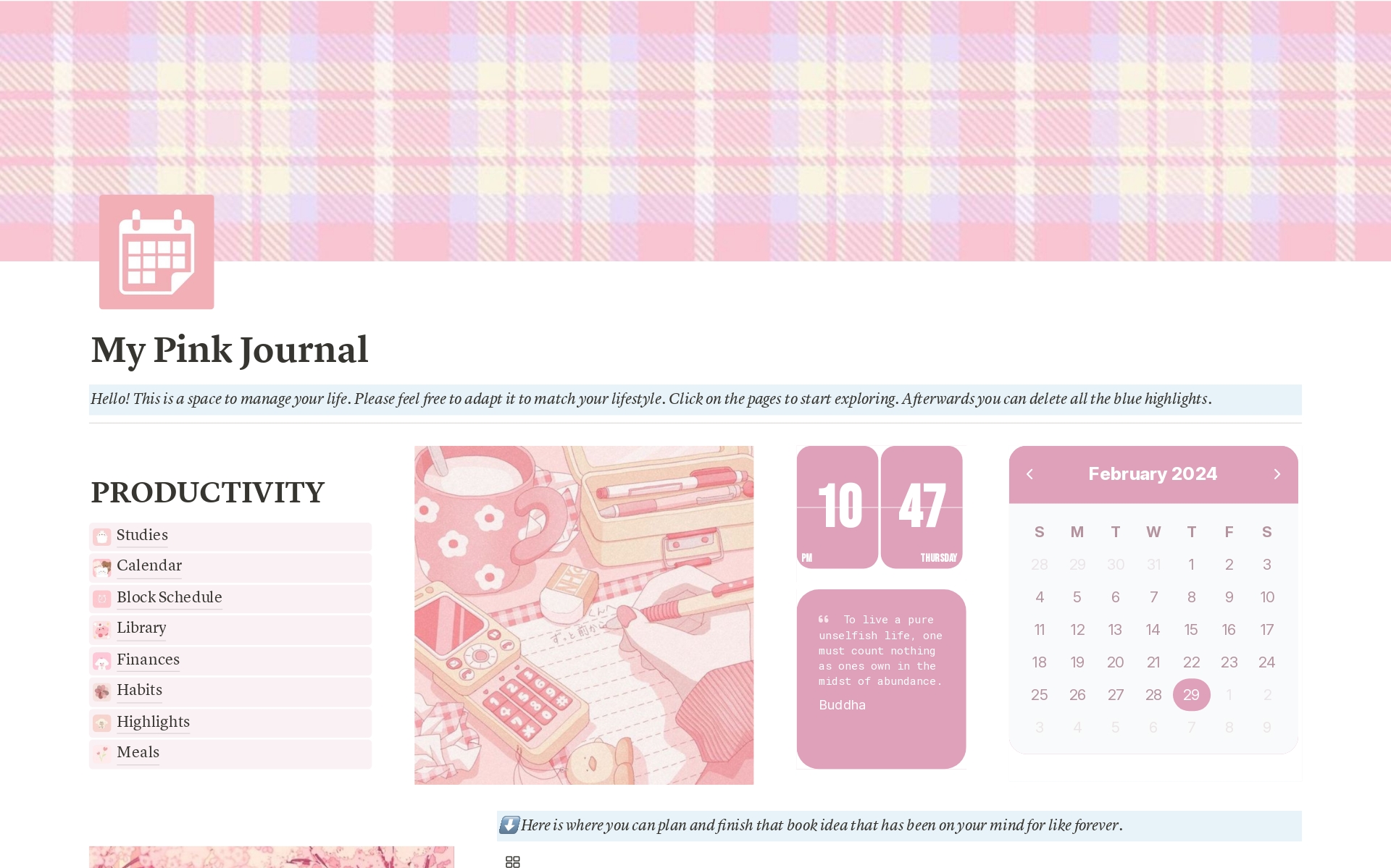 A template preview for My Pink Journal  —  Organize your cozy life