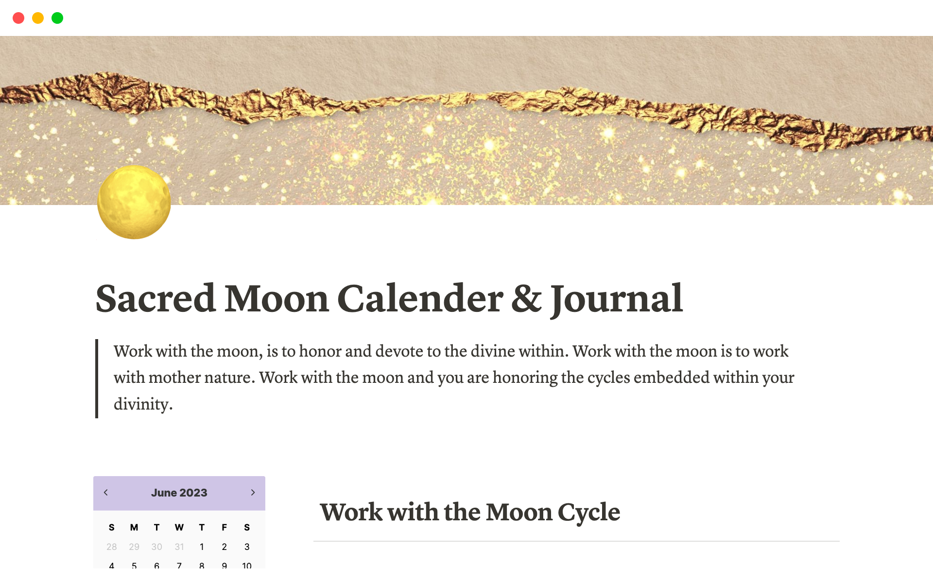 A template preview for Moon Cycle Calender & Journal