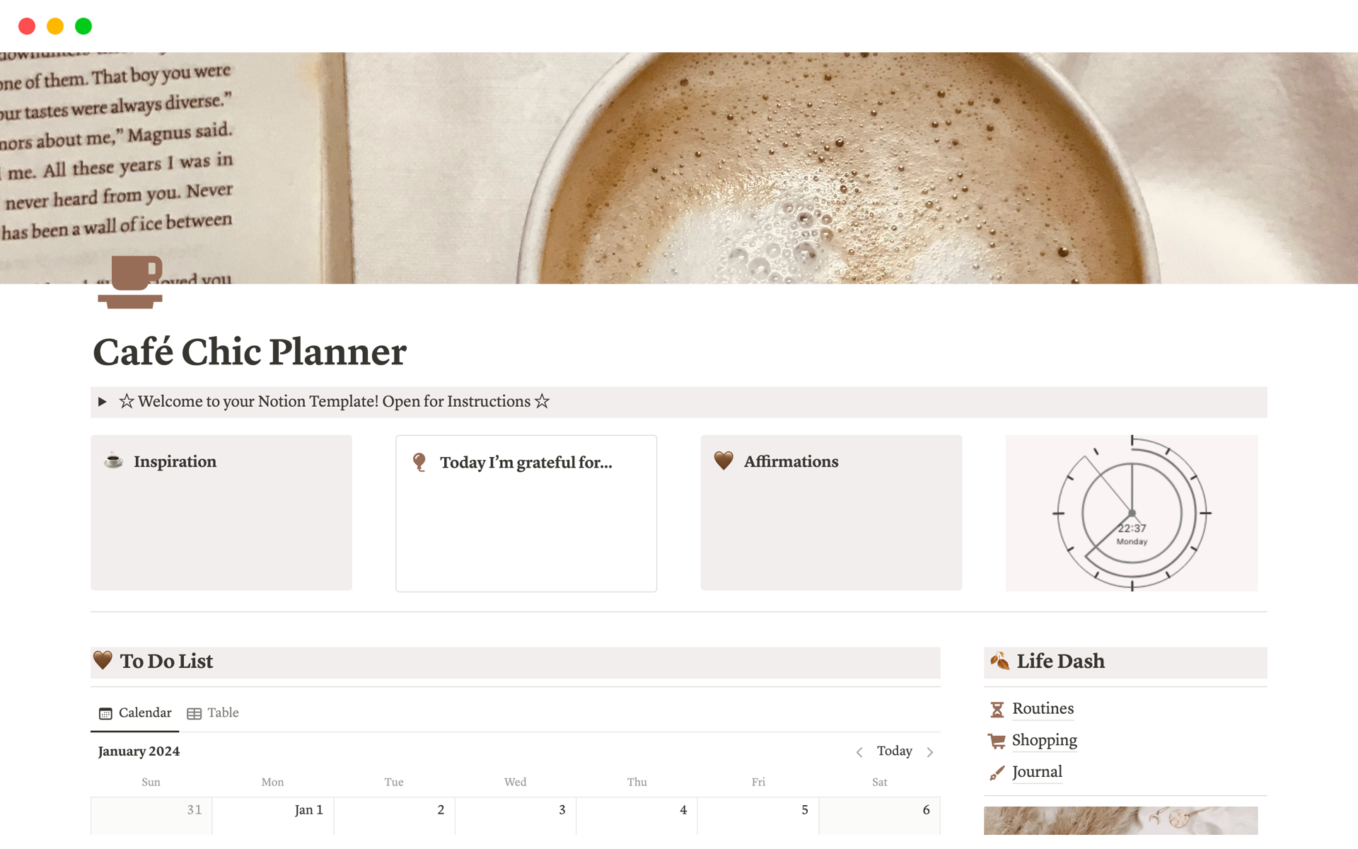 A template preview for Café Chic Planner