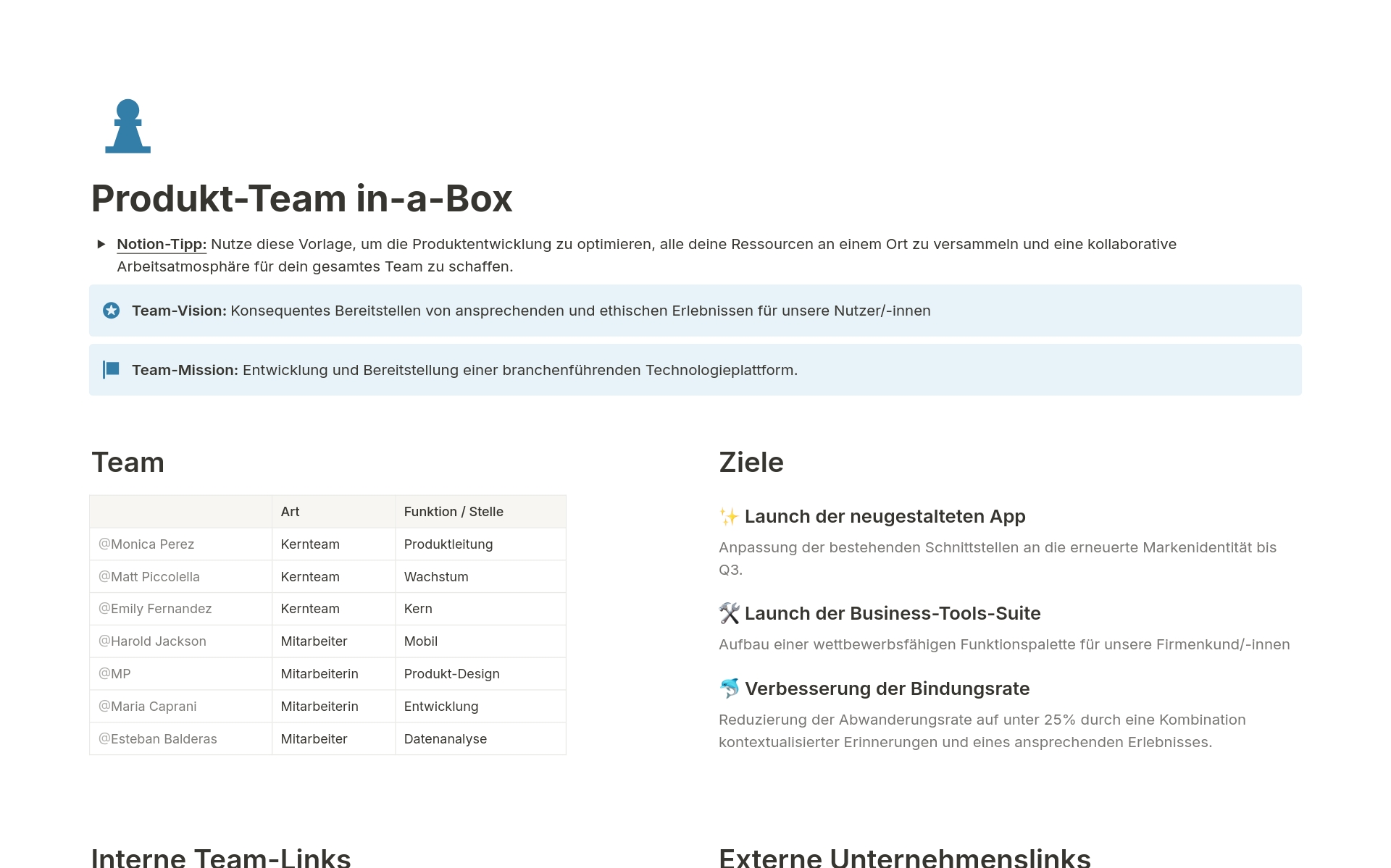 Eine Vorlagenvorschau für Produkt-Team in-a-Box