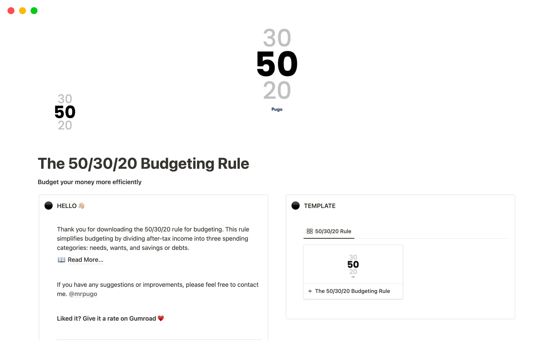 A template preview for Notion Budgeting Template (50/30/20 Rule)