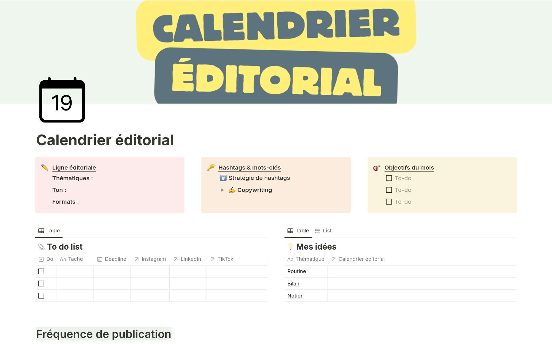 Ce modèle est conçu pour simplifier et organiser votre processus de planification de contenu. Que vous gériez un blog, des réseaux sociaux, ou tout autre type de publication, ce calendrier vous aidera à garder une vue d'ensemble sur vos projets éditoriaux.