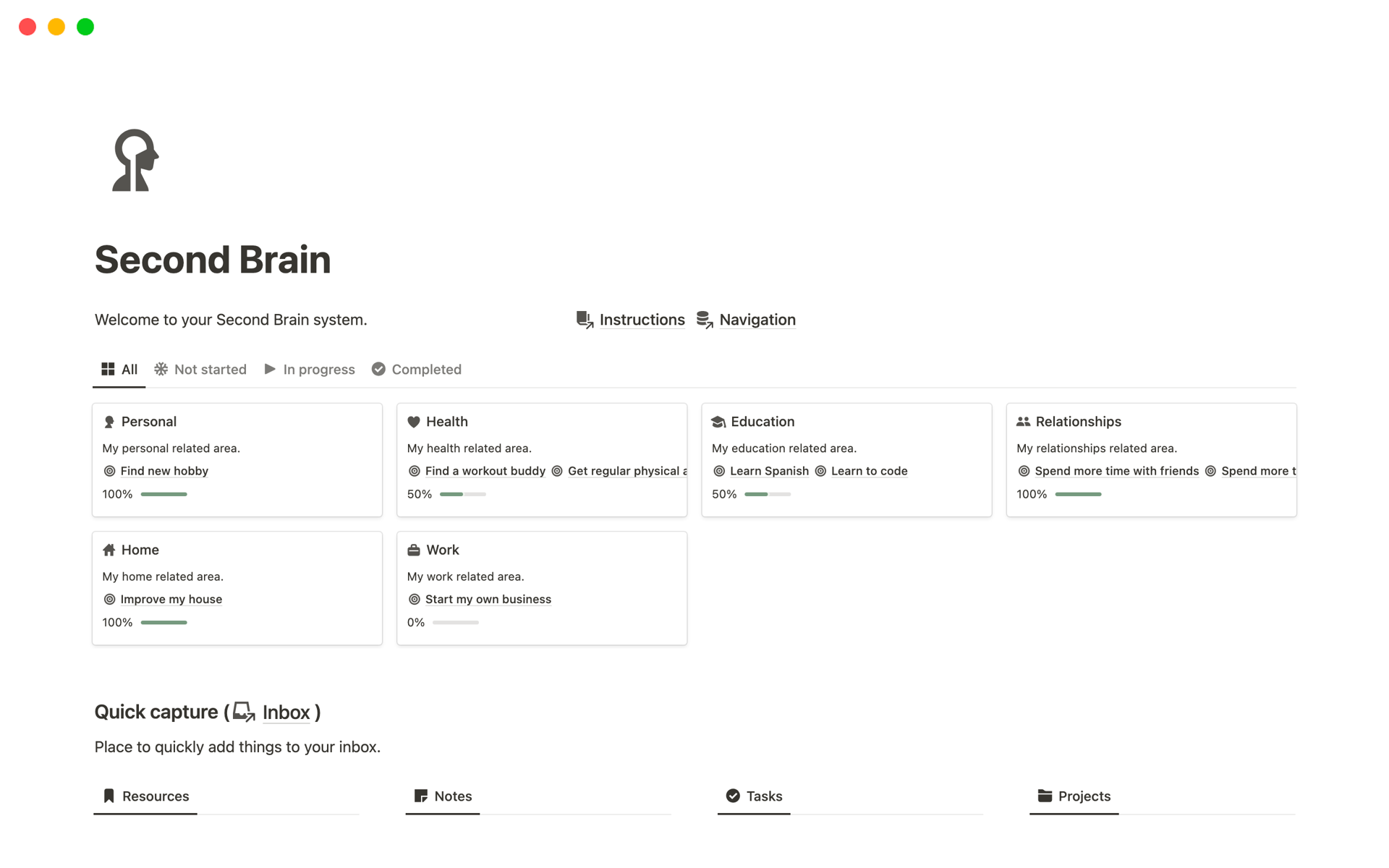 Vista previa de plantilla para Notion Second Brain