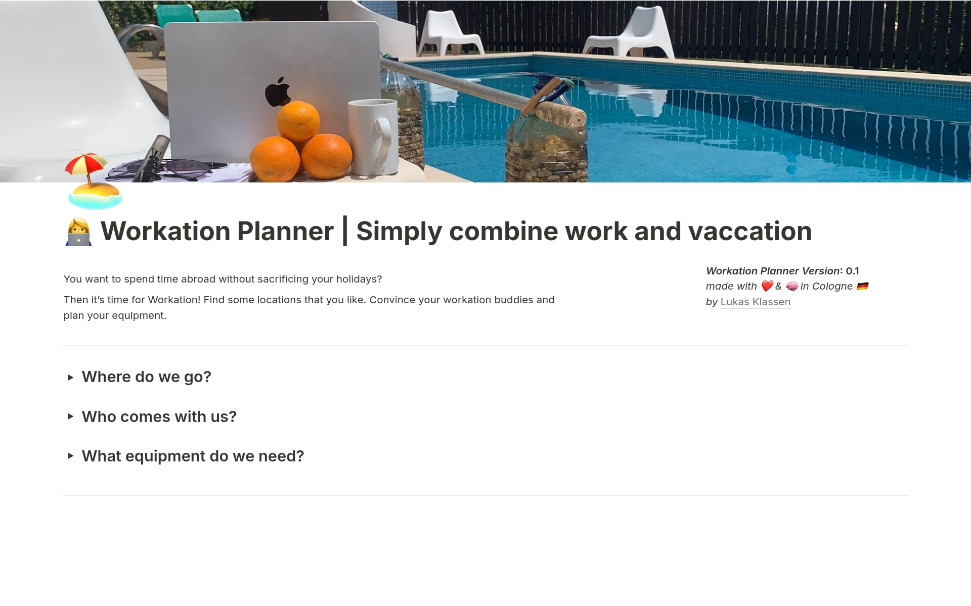 Uma prévia do modelo para Workation Planner | Simply get started!