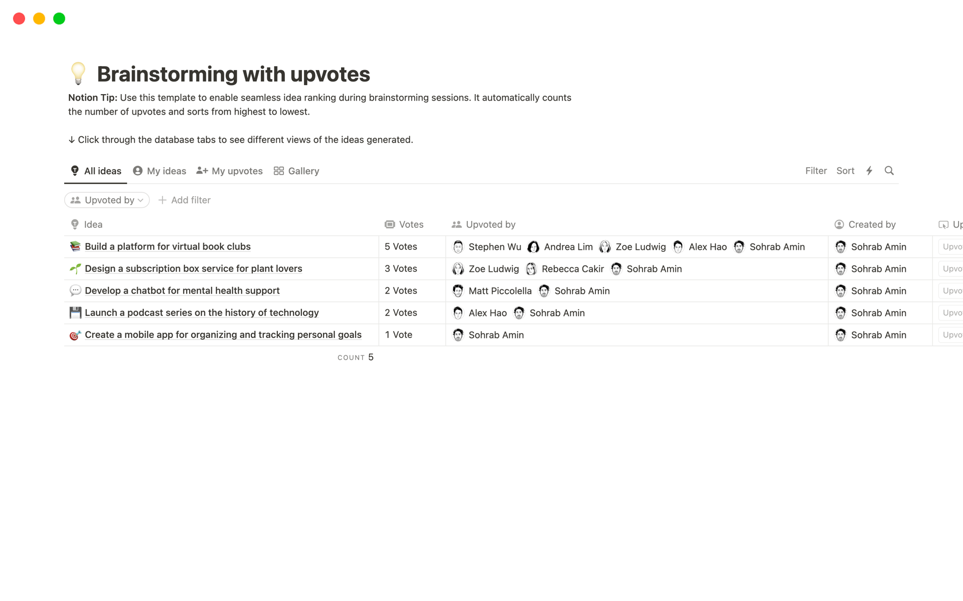 Utilize Notion’s formulas to automatically tally upvotes for different ideas.