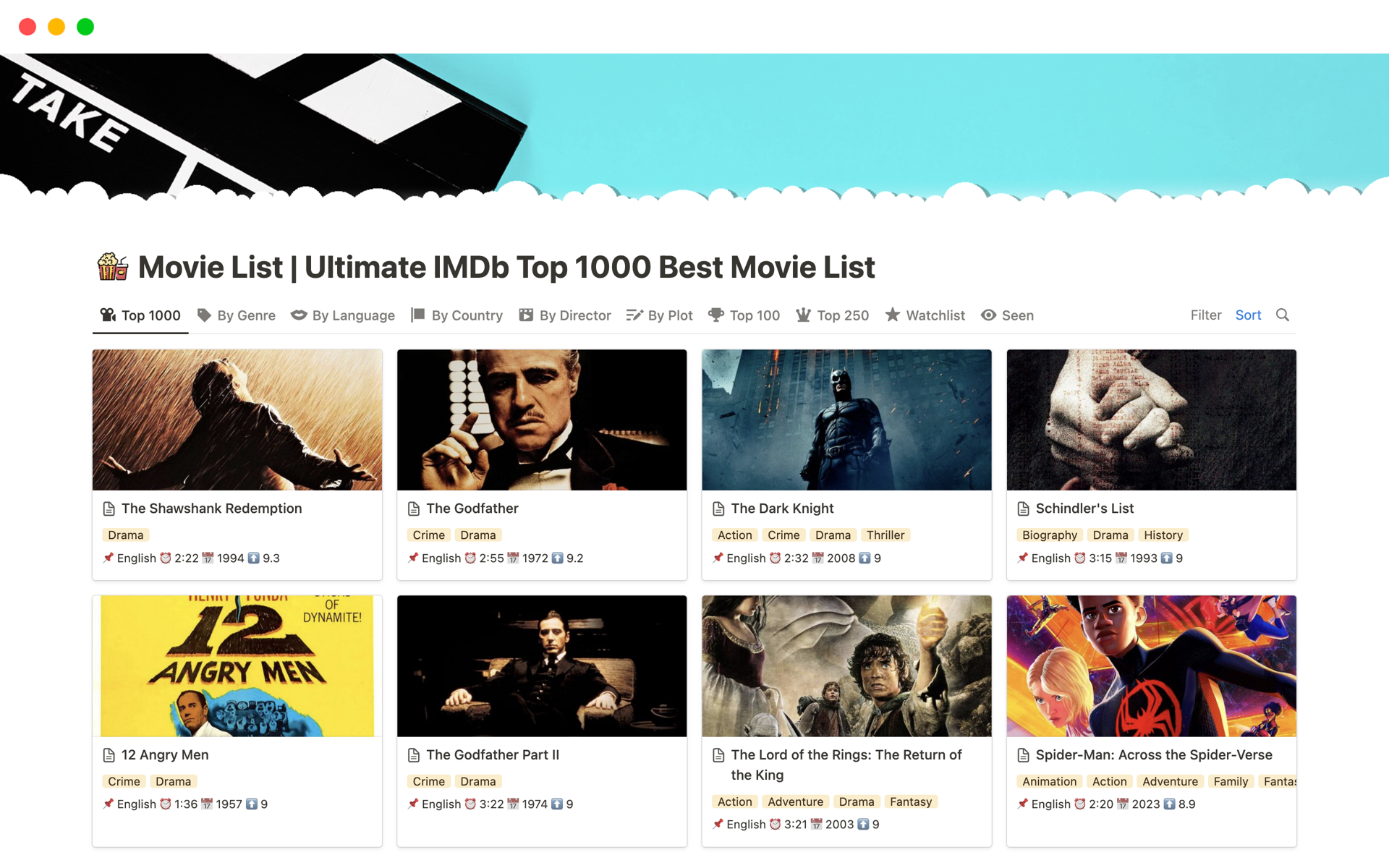 Eine Vorlagenvorschau für Movie List | Ultimate IMDb Top 1000 Best Movies