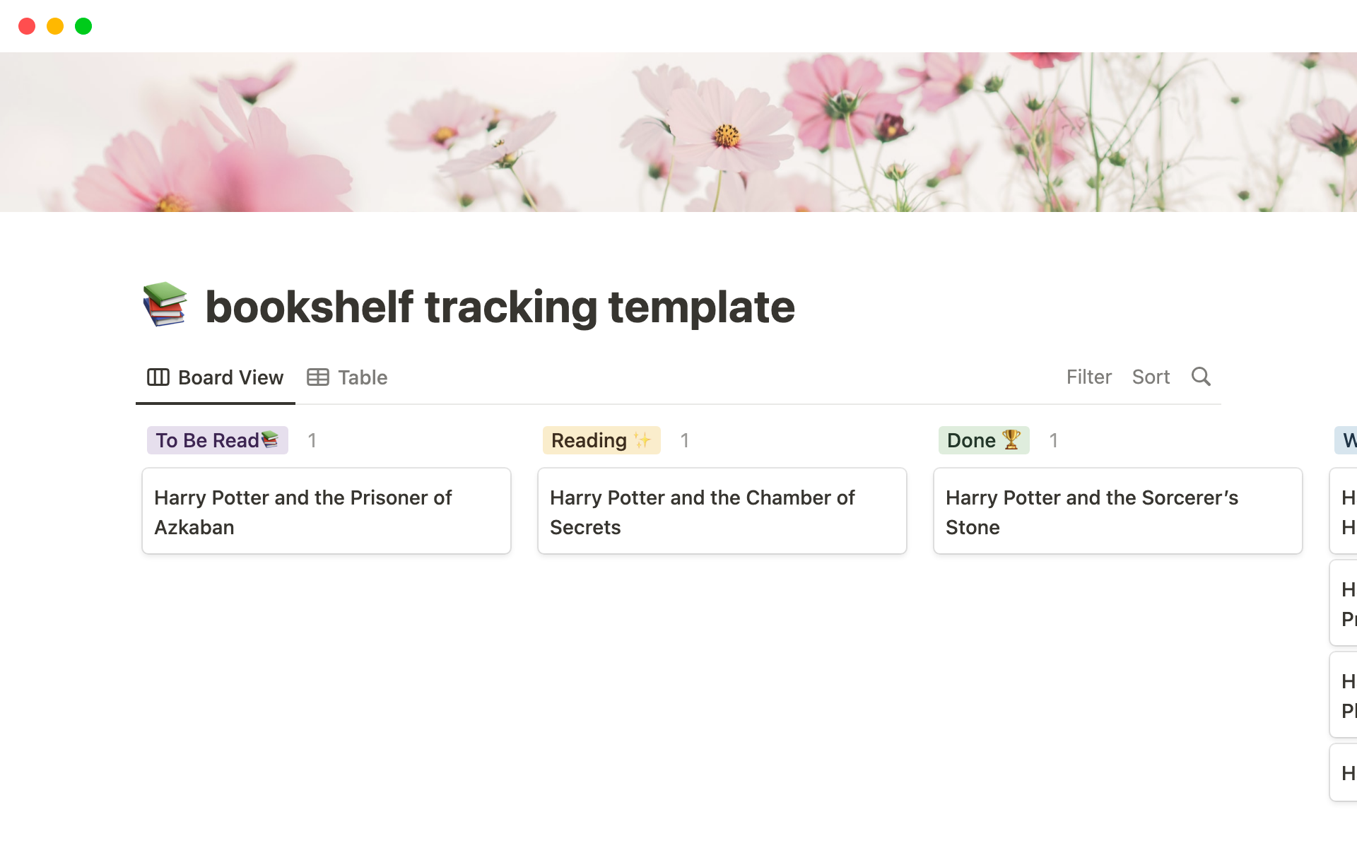 A template preview for Bookshelf Tracker